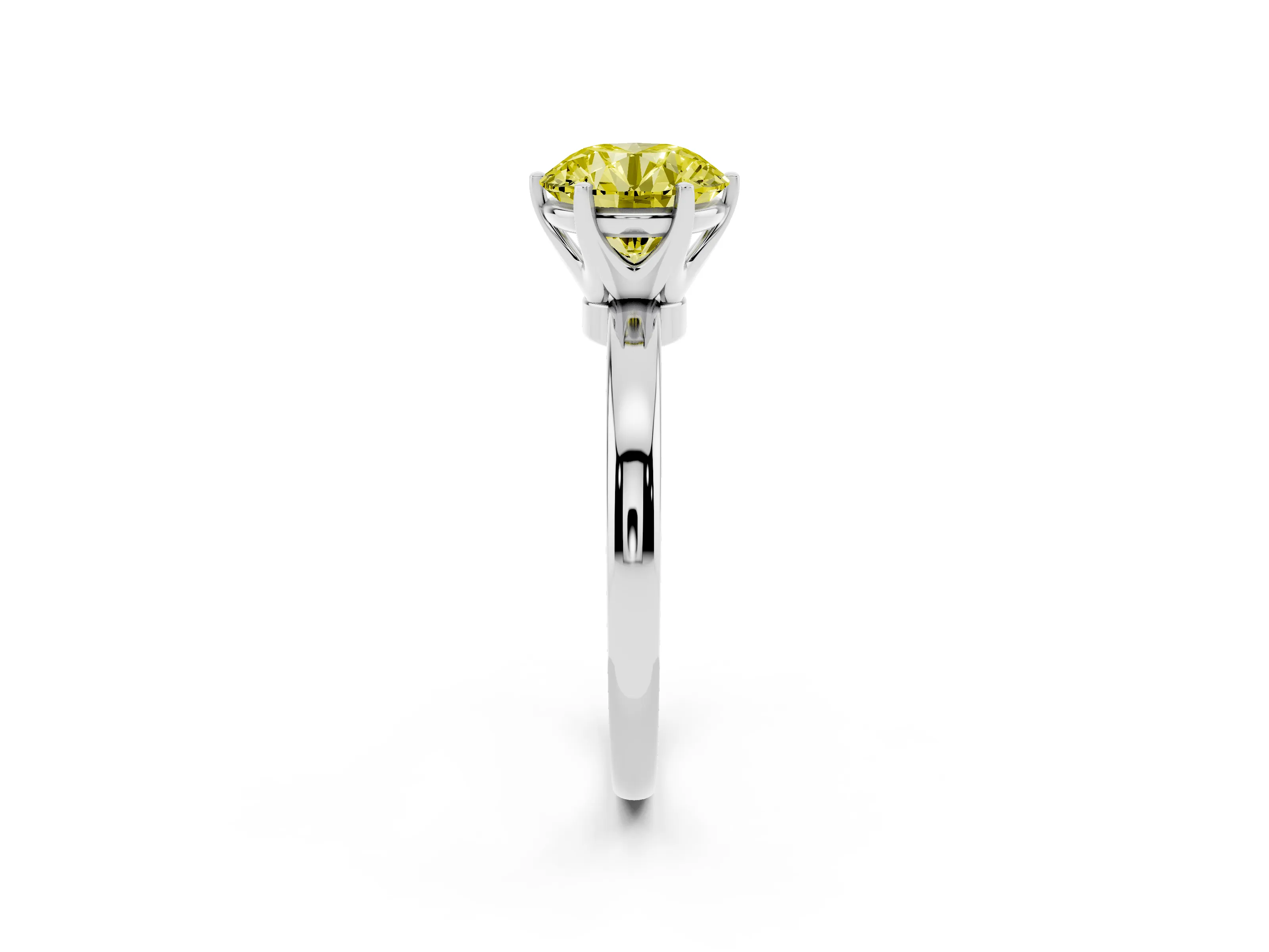 Fancy Yellow Round Cut Diamond Solitaire Ring Set in Platinum with Raised Prong Setting on a Classic Band