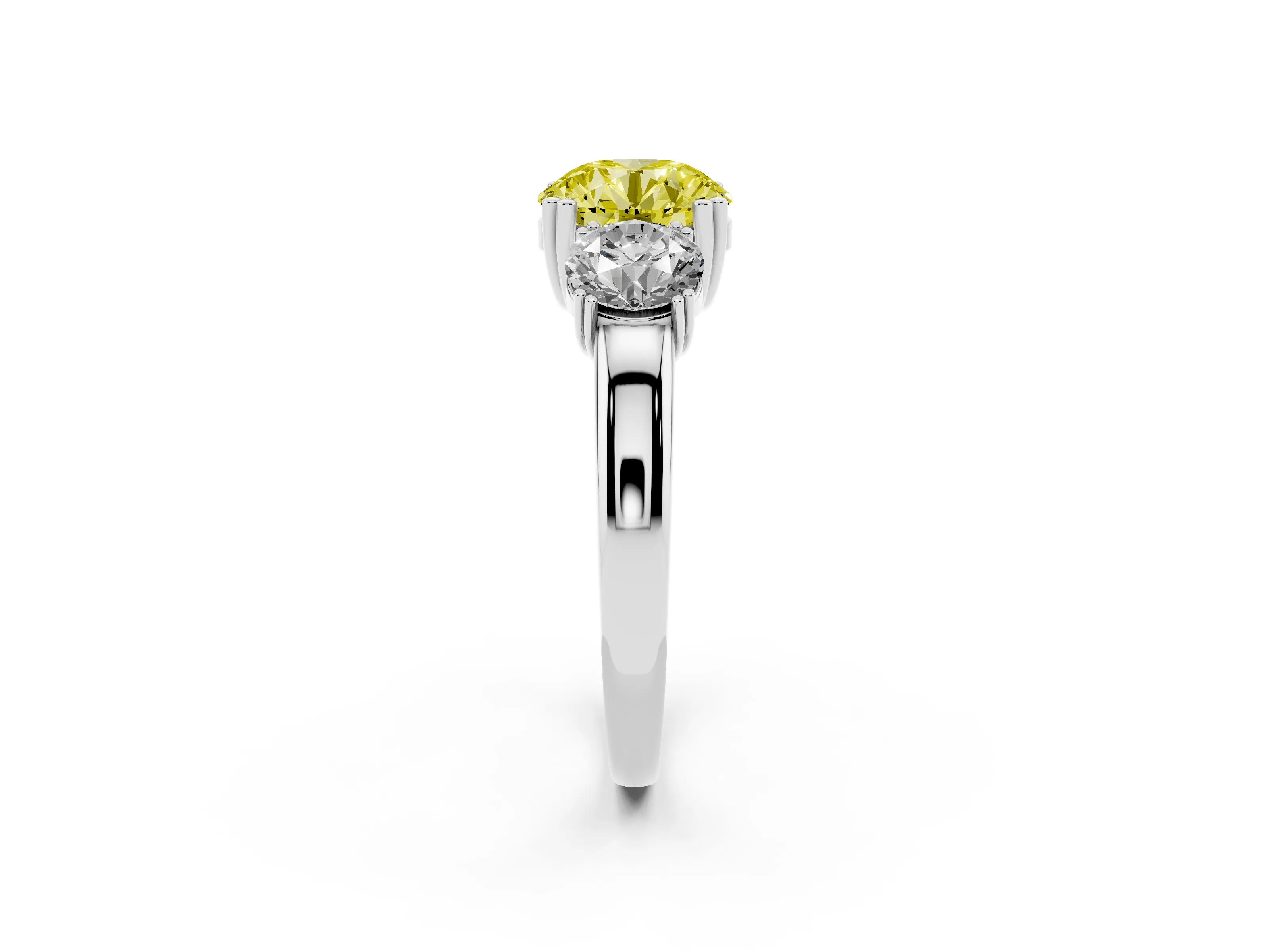 Fancy Yellow Round Cut Diamond Three-Stone Ring Set in White gold with Polished Channel-Set Band