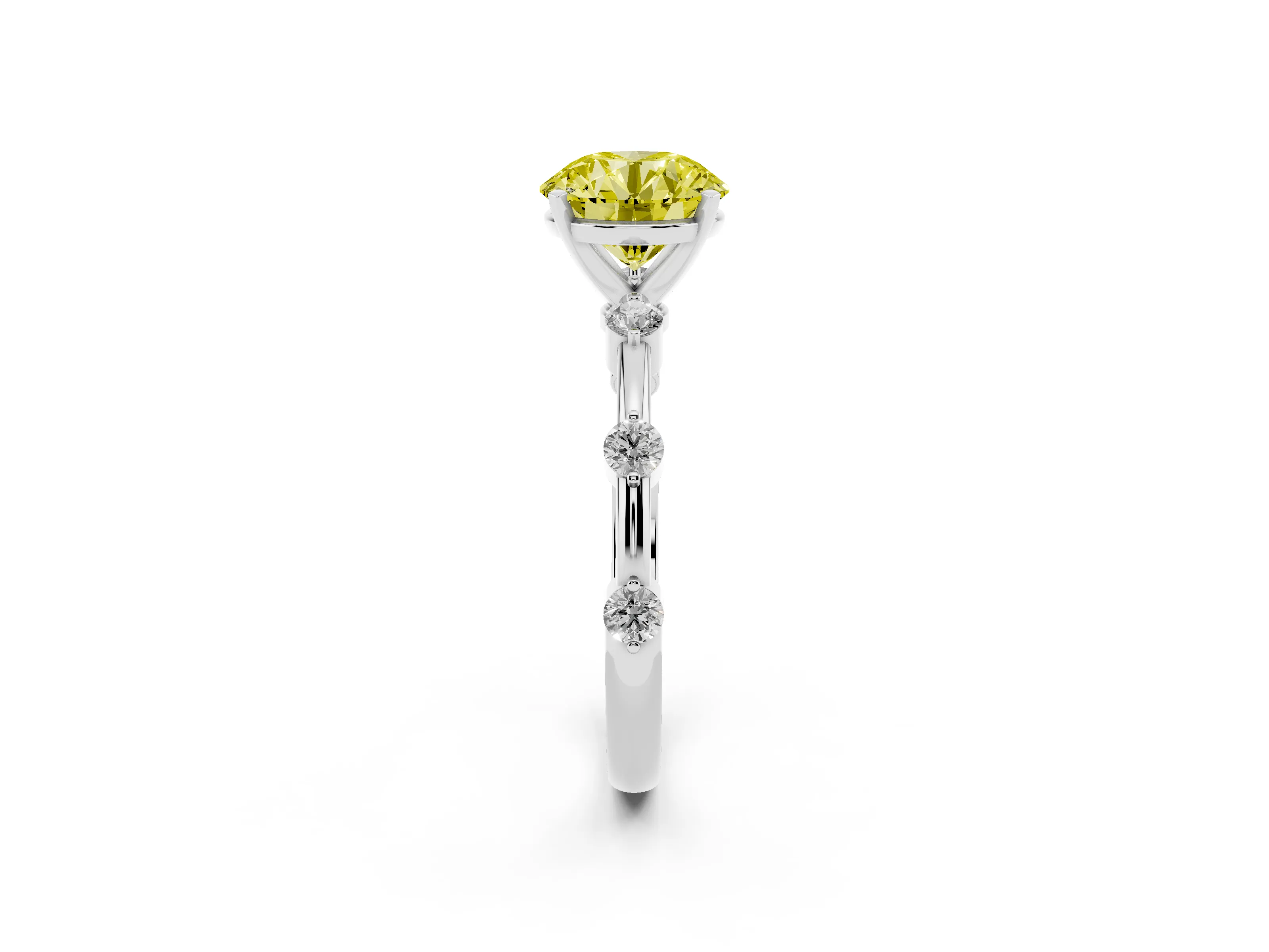 Fancy Yellow Round Cut Diamond Solitaire Ring Set in Platinum with Bezel Set Side Stones and Prong Setting