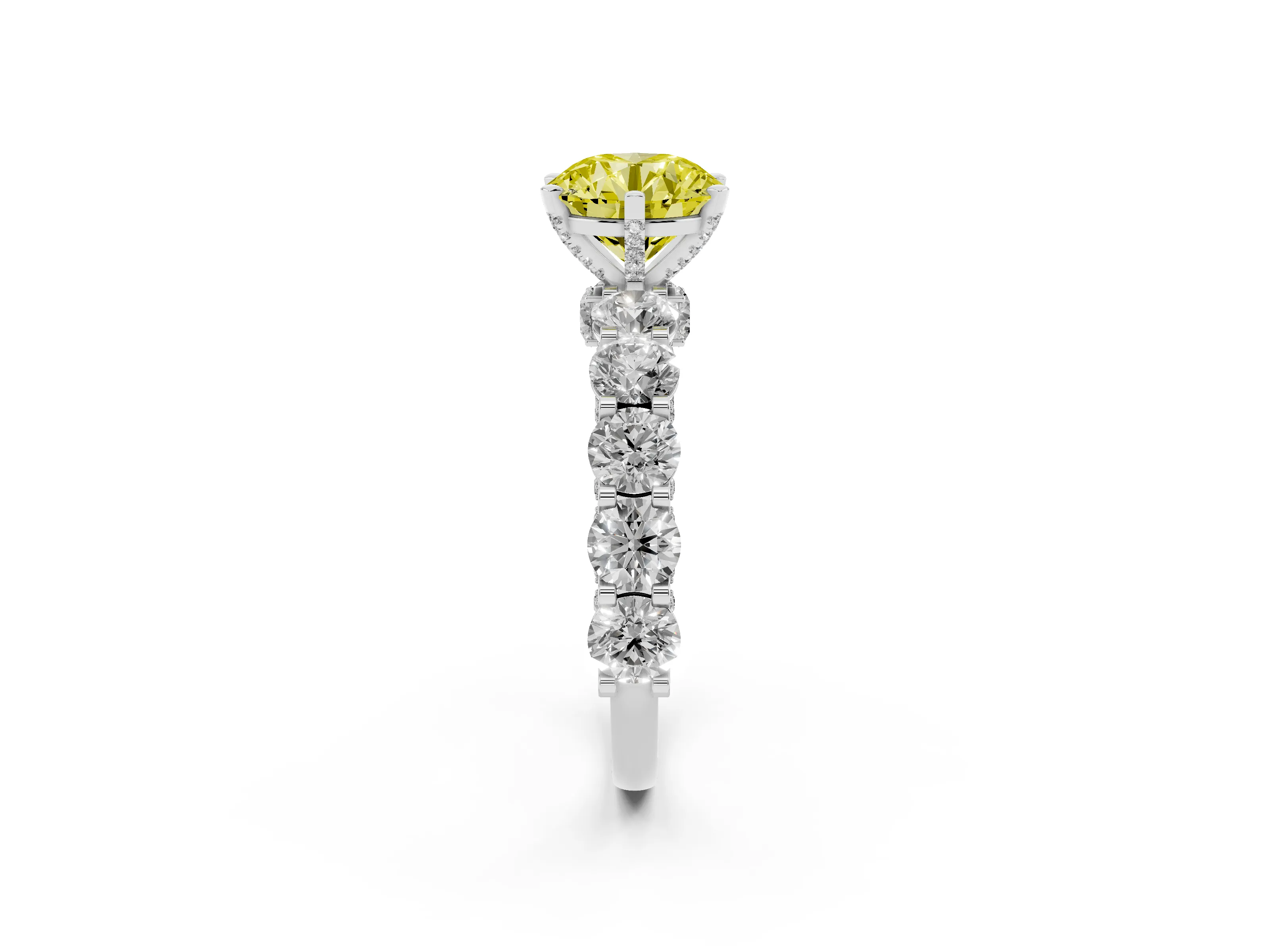 Fancy Yellow Round Cut Diamond Side Stone Ring Set in Platinum with Alternating Round and Oval Side Stones