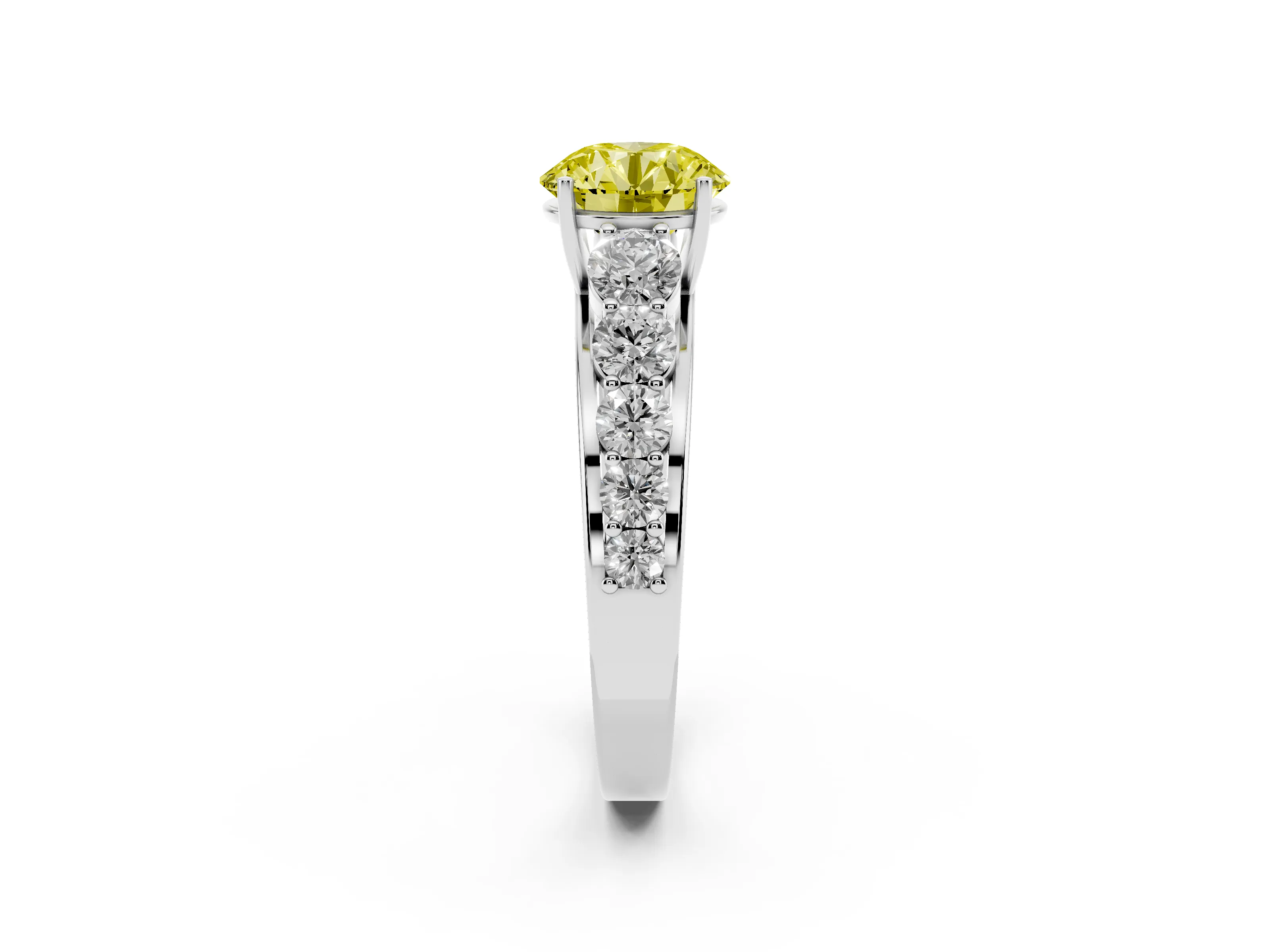 Fancy Yellow Round Cut Diamond Solitaire Ring Set in Platinum with Pavé-Set Band and Prong Setting