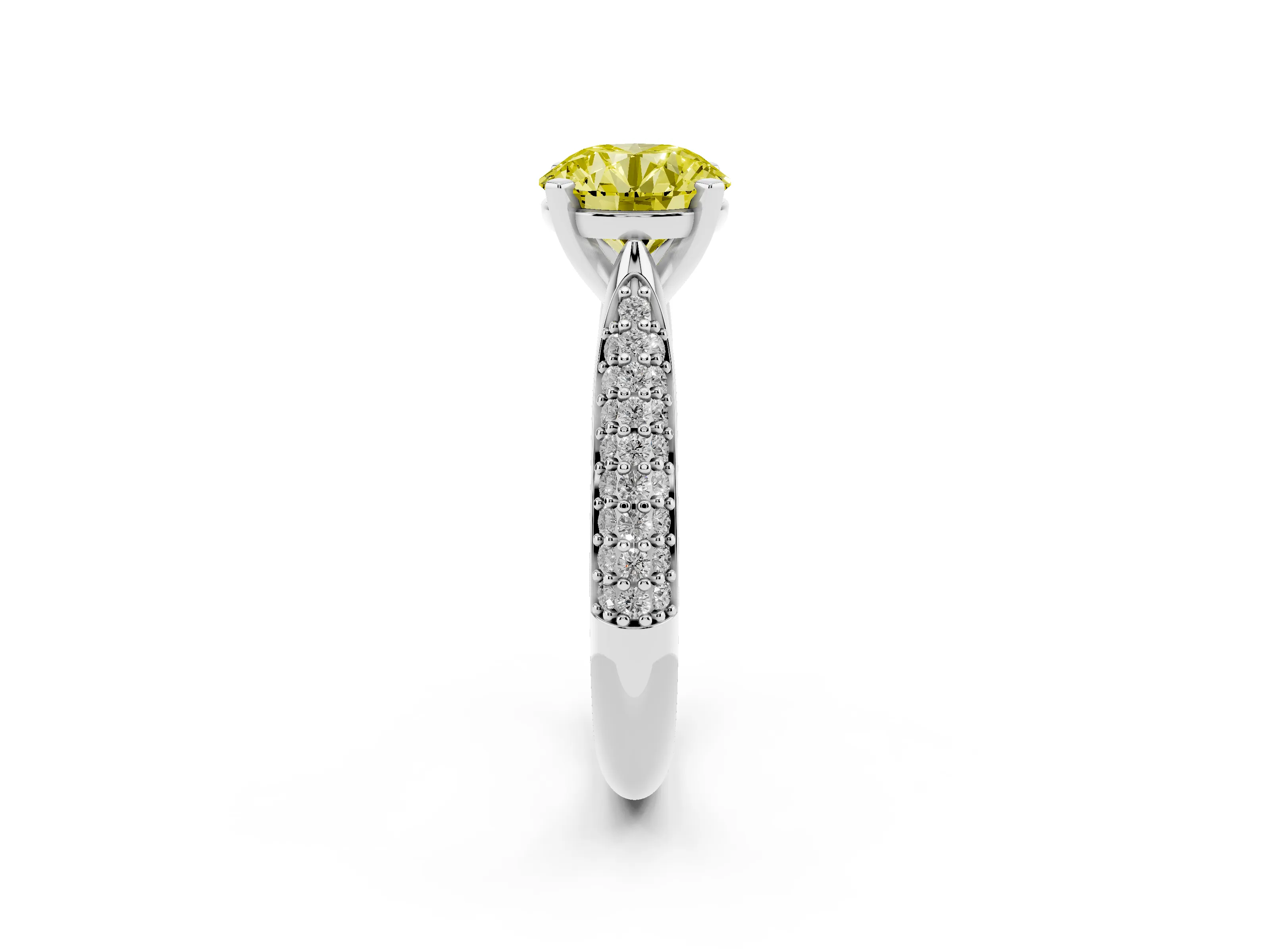 Fancy Yellow Round Cut Diamond Solitaire Engagement Ring Set in Platinum with Multi-Row Round Pavé Band and Prong Setting