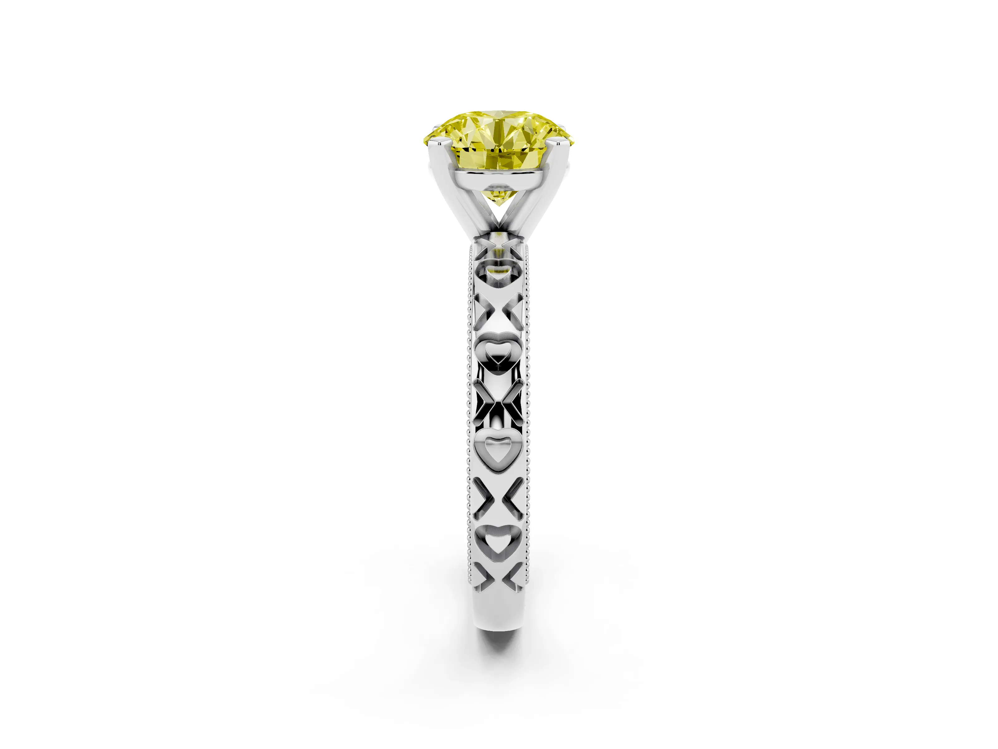 Fancy Yellow Round Cut Diamond Solitaire Engagement Ring Set in White gold with XO Engraved Band and Prong Setting