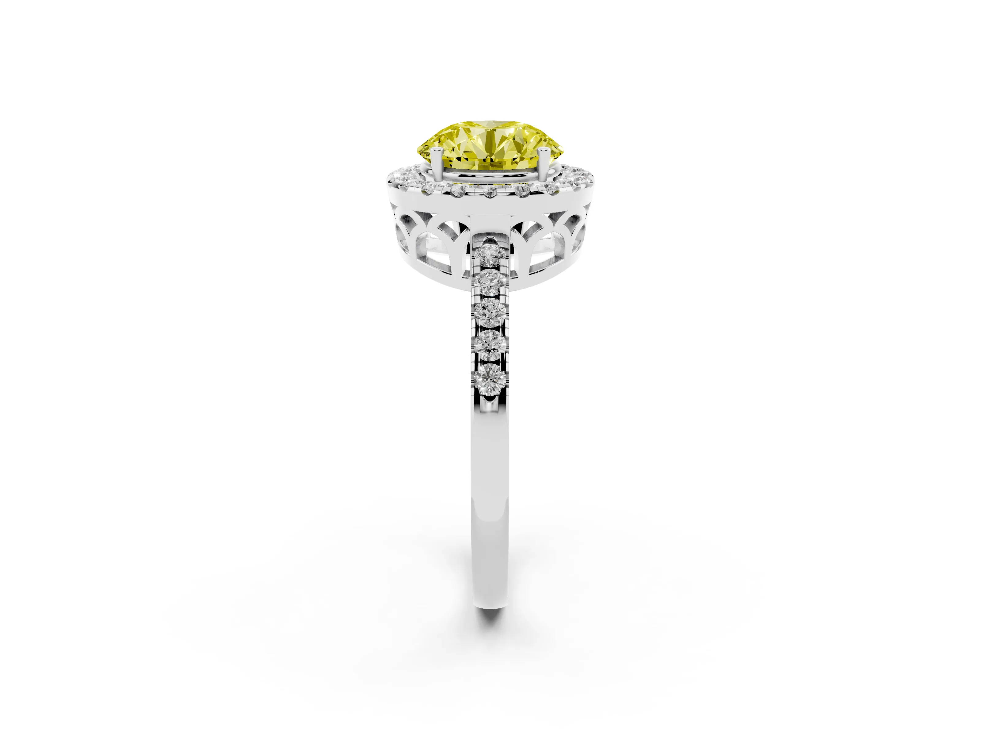 Fancy Yellow Round Cut Diamond Pavé Band Halo Engagement Ring Set in White gold with Prong Setting