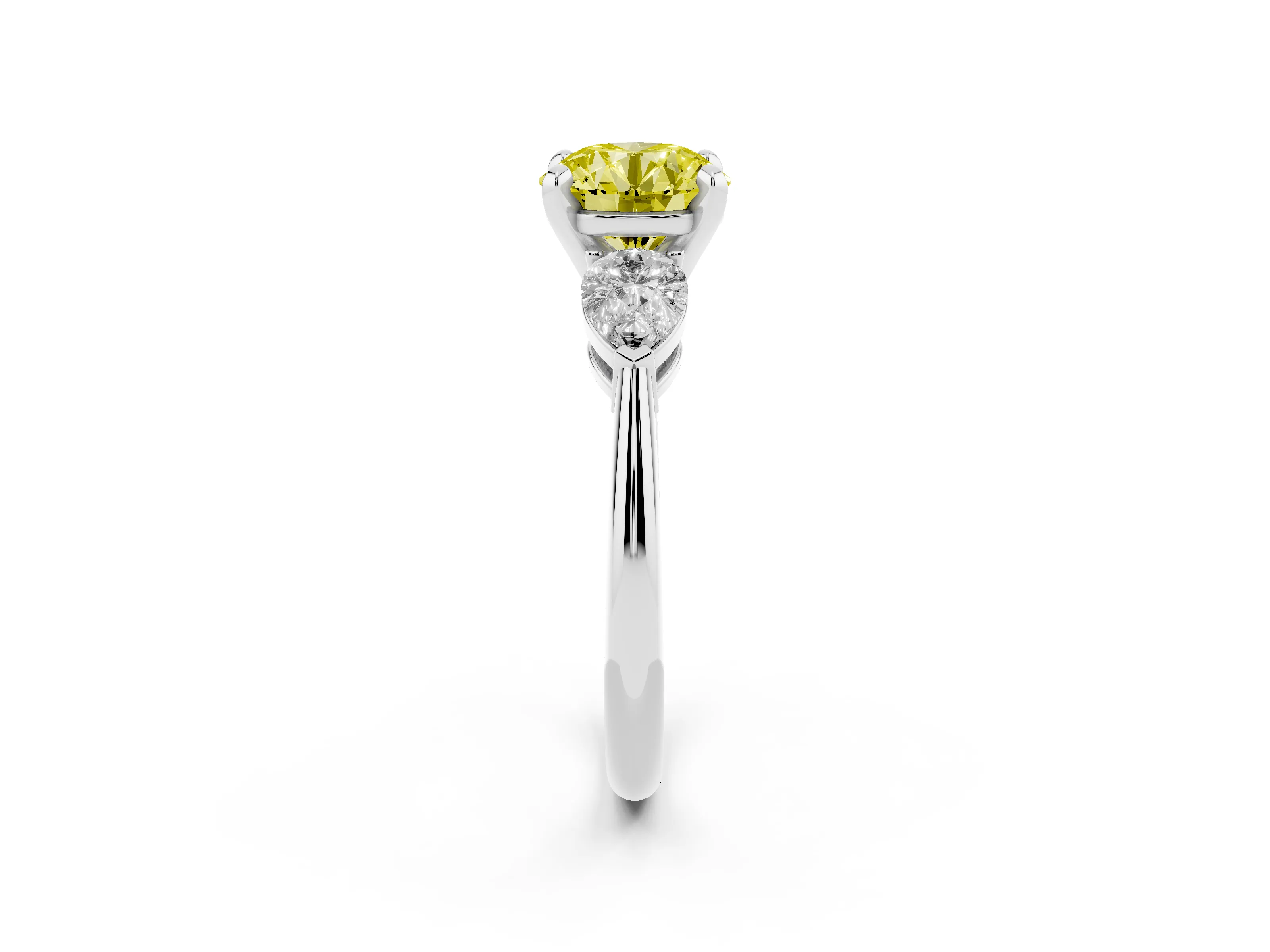 Fancy Yellow Three-Stone Round Cut Diamond Ring Set in Platinum with Pear Side Stones and Prong Setting