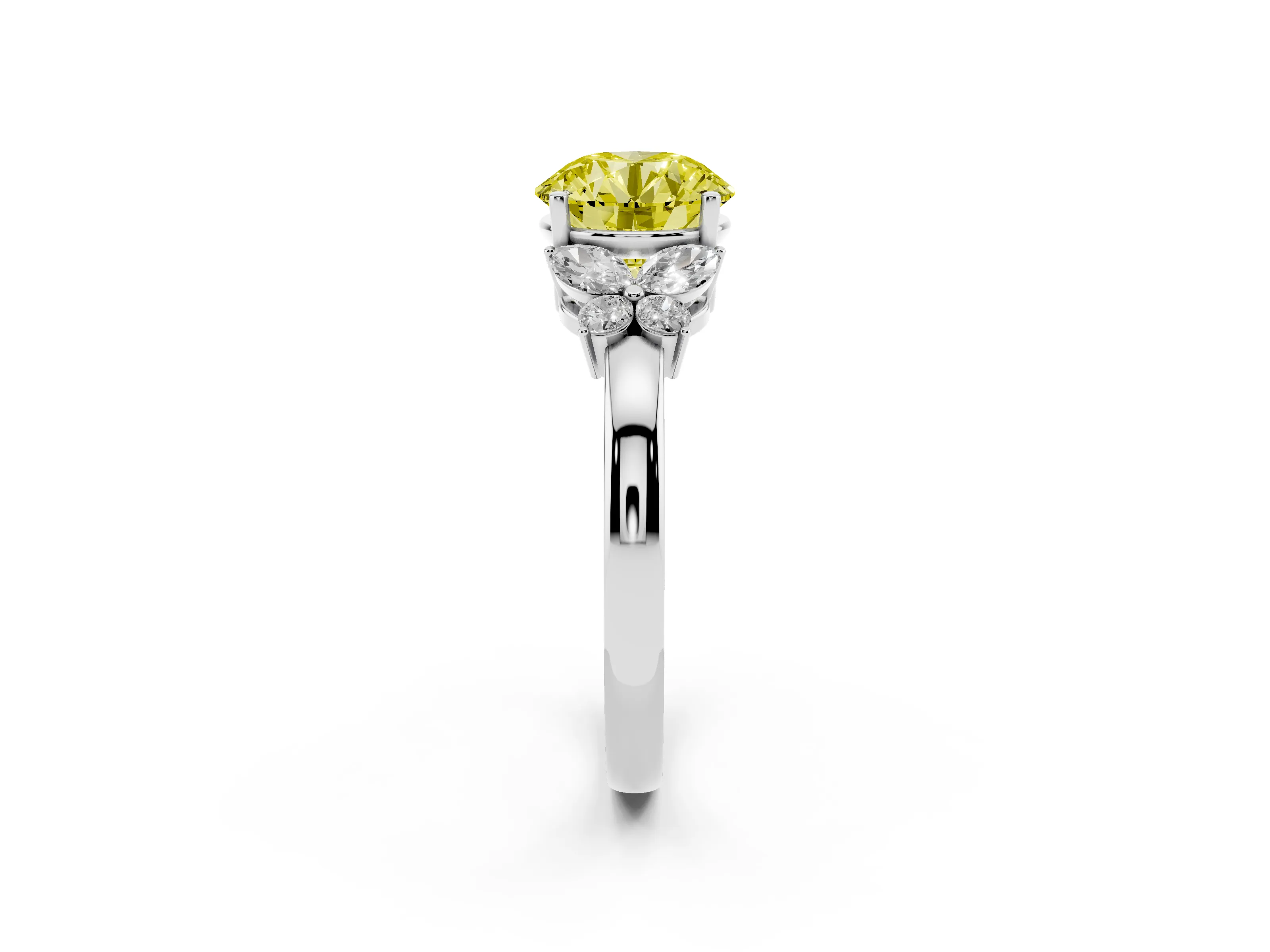 Fancy Yellow Round Cut Diamond Solitaire Floral Ring Set in Platinum with Marquise Petals and Prong Setting