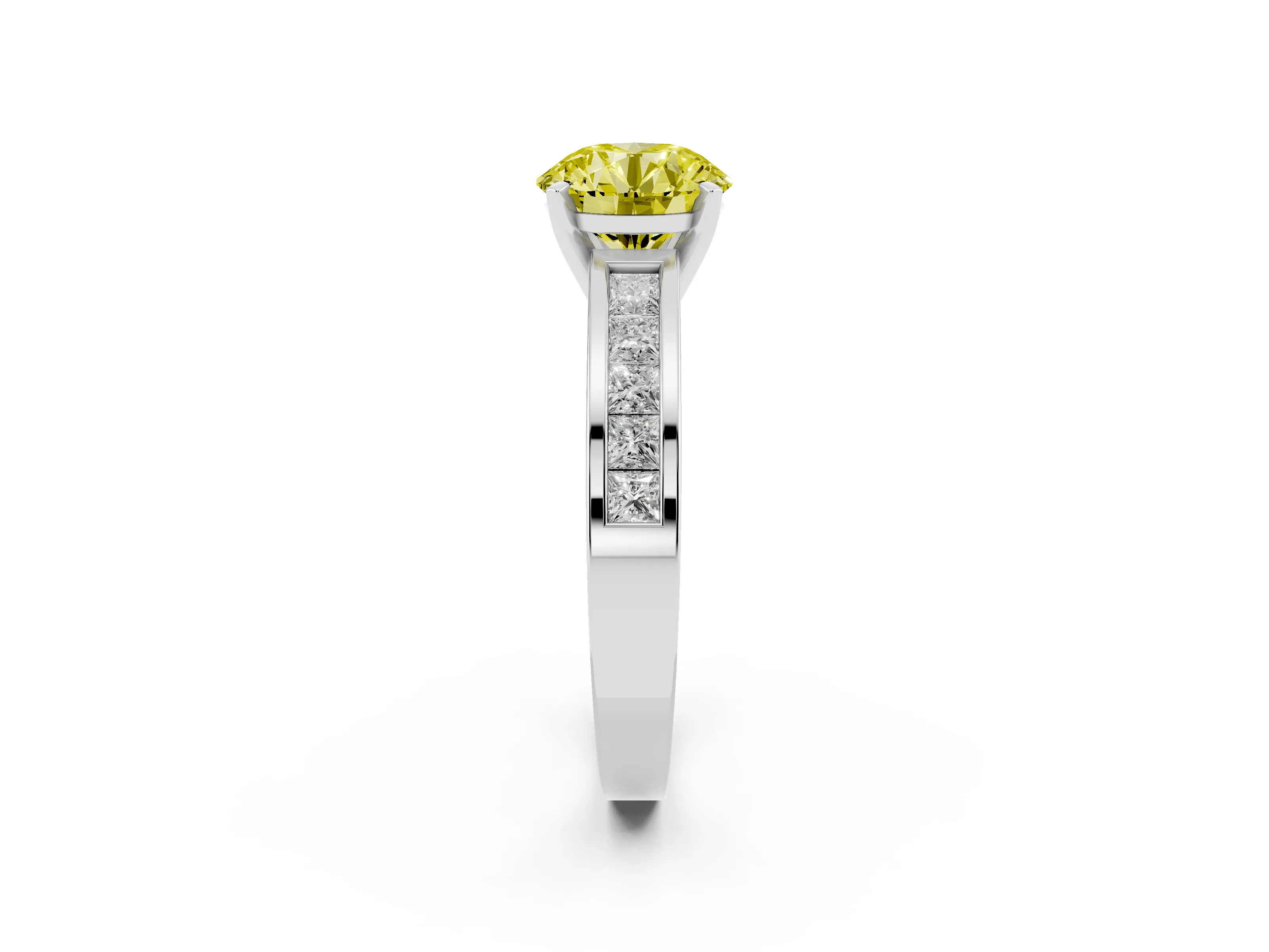 Fancy Yellow Round Cut Diamond Solitaire Ring Set in Silver with Channel-Set Band and Prong Setting