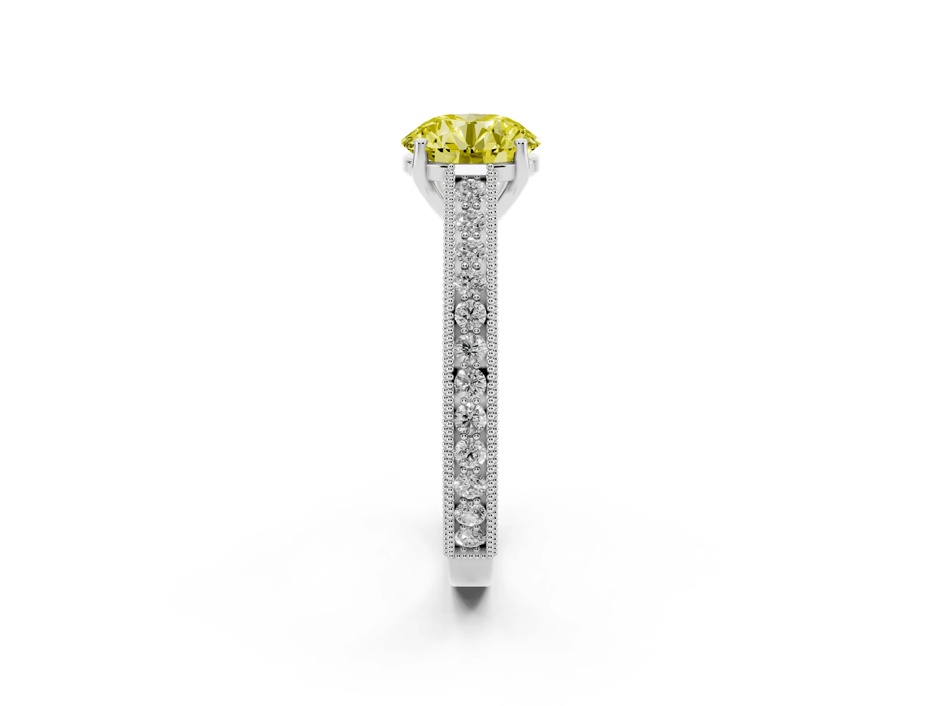 Fancy Yellow Round Cut Diamond Milgrain Pavé Band Solitaire Ring Set in Silver with Prong Setting