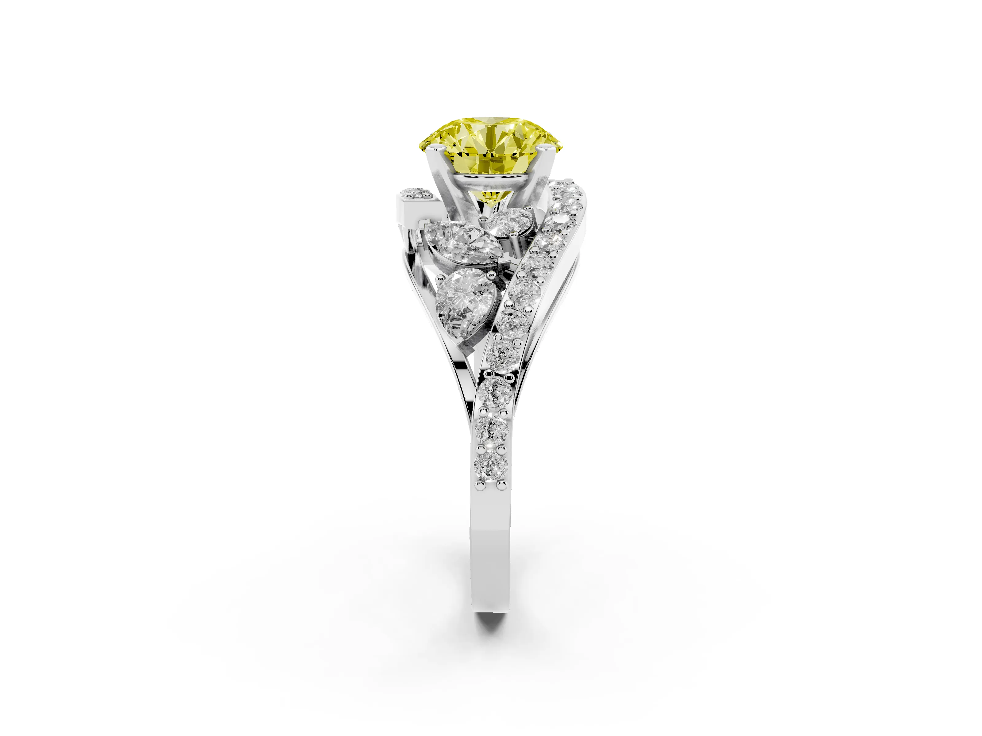 Fancy Yellow Round Cut Diamond Halo Ring Set in Silver with Marquise and Pavé Band in Prong Setting
