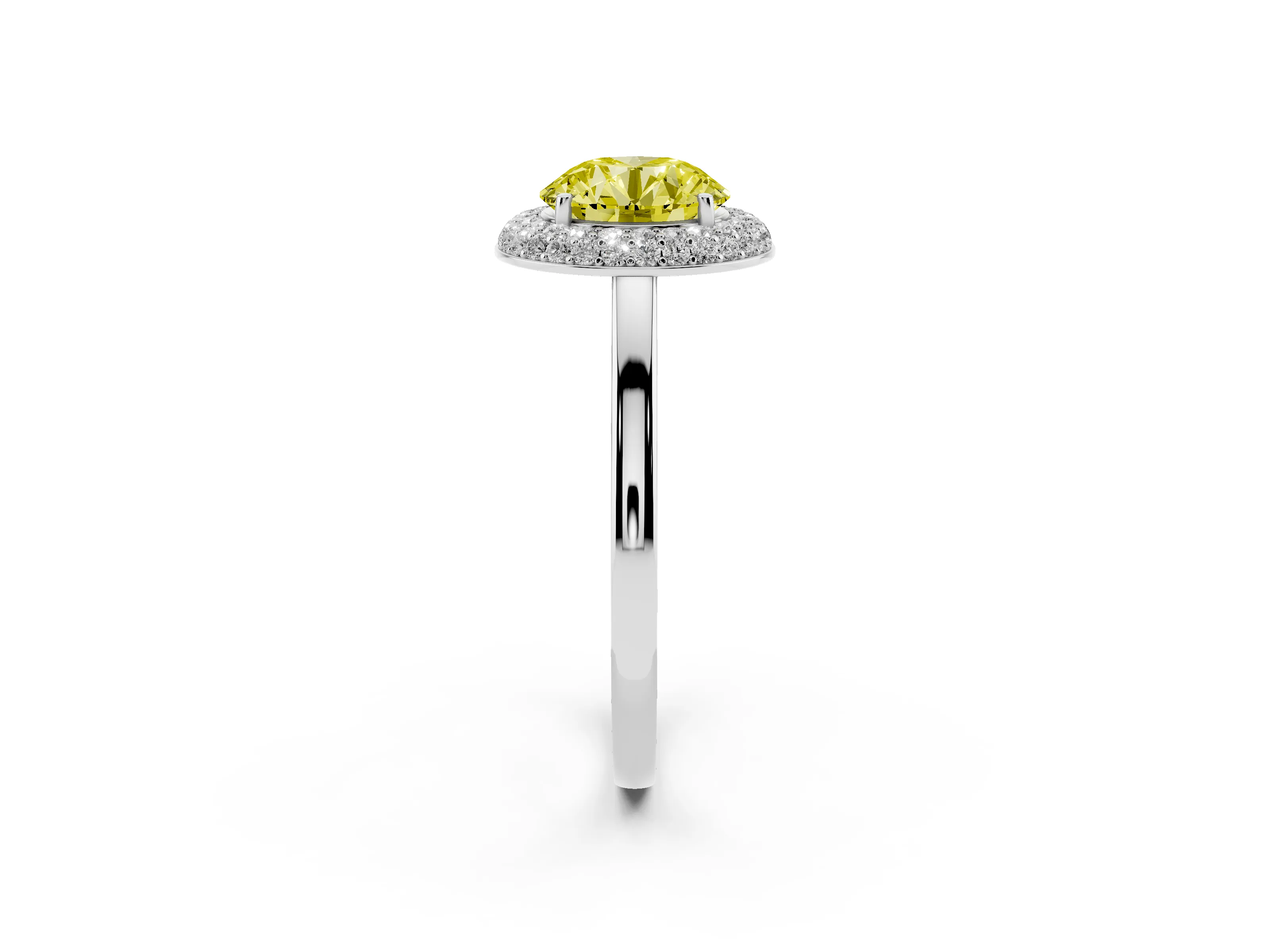 Fancy Yellow Round Cut Diamond Halo Engagement Ring Set in White gold with Solitaire Band and Prong Setting