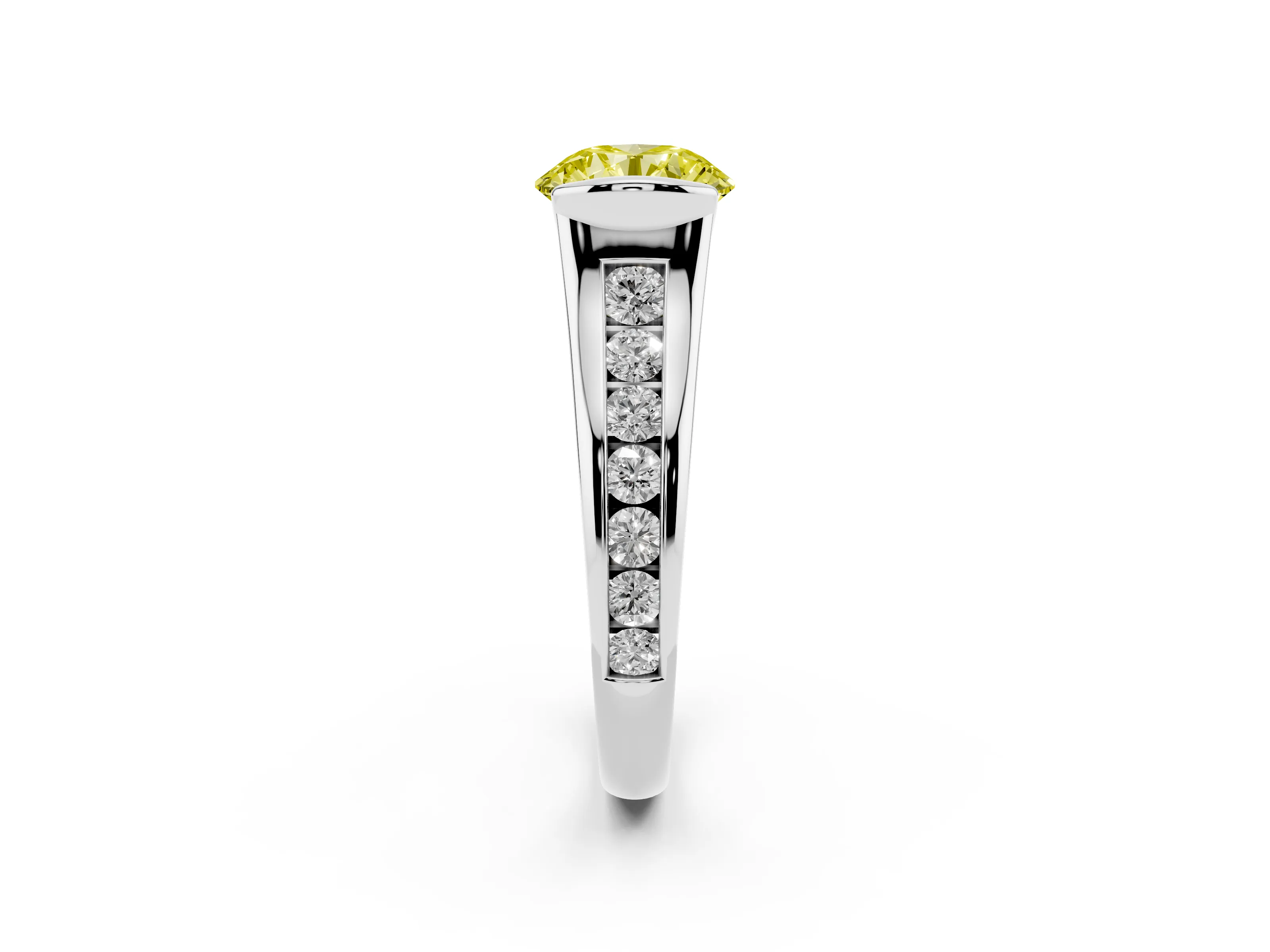 Fancy Yellow Round Cut Diamond Bezel-Set Solitaire Ring Set in White gold with Channel-Set Band