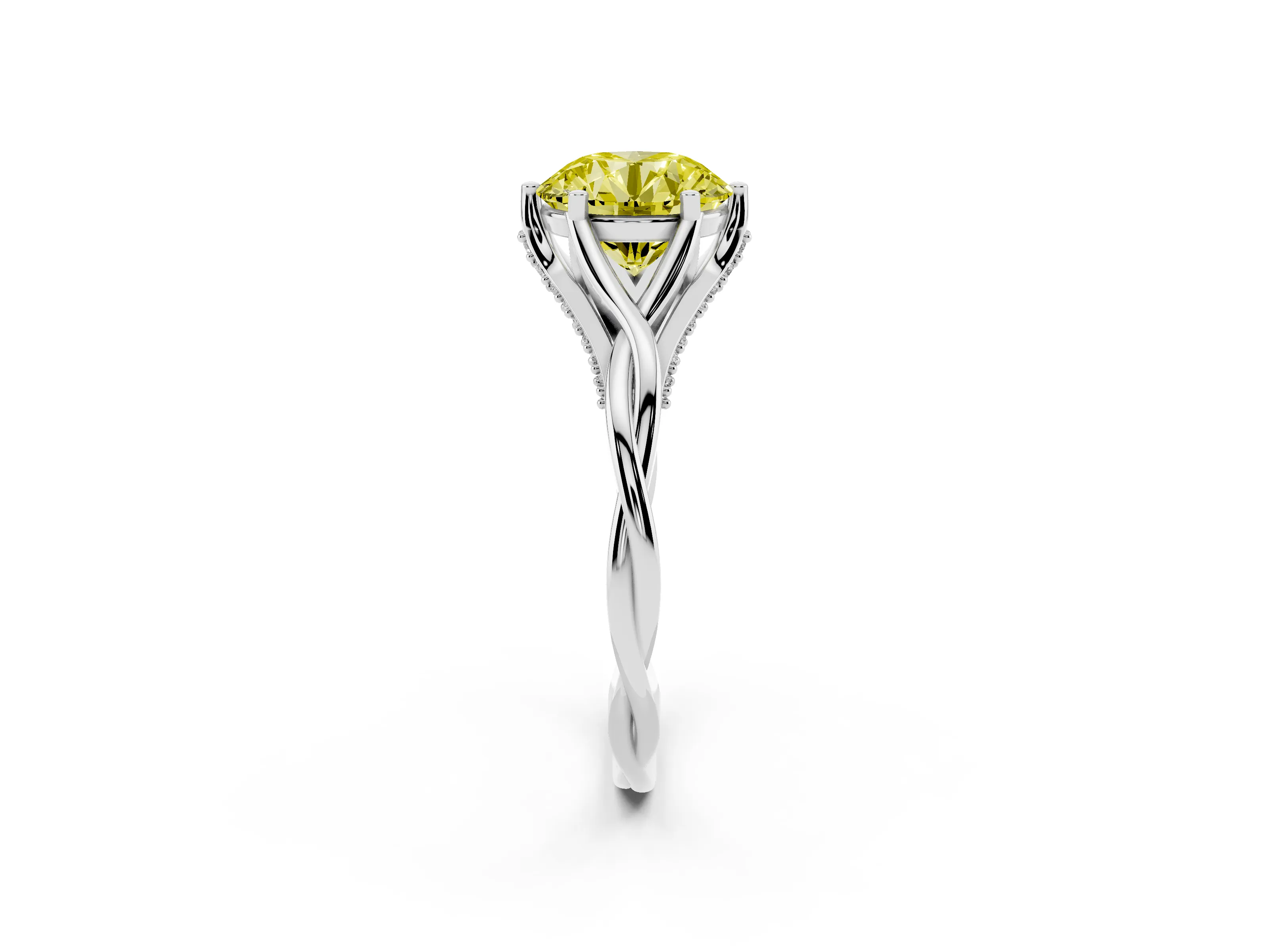 Fancy Yellow Round Cut Diamond Intertwined Twist Band Solitaire Ring Set in White gold with Prong Setting