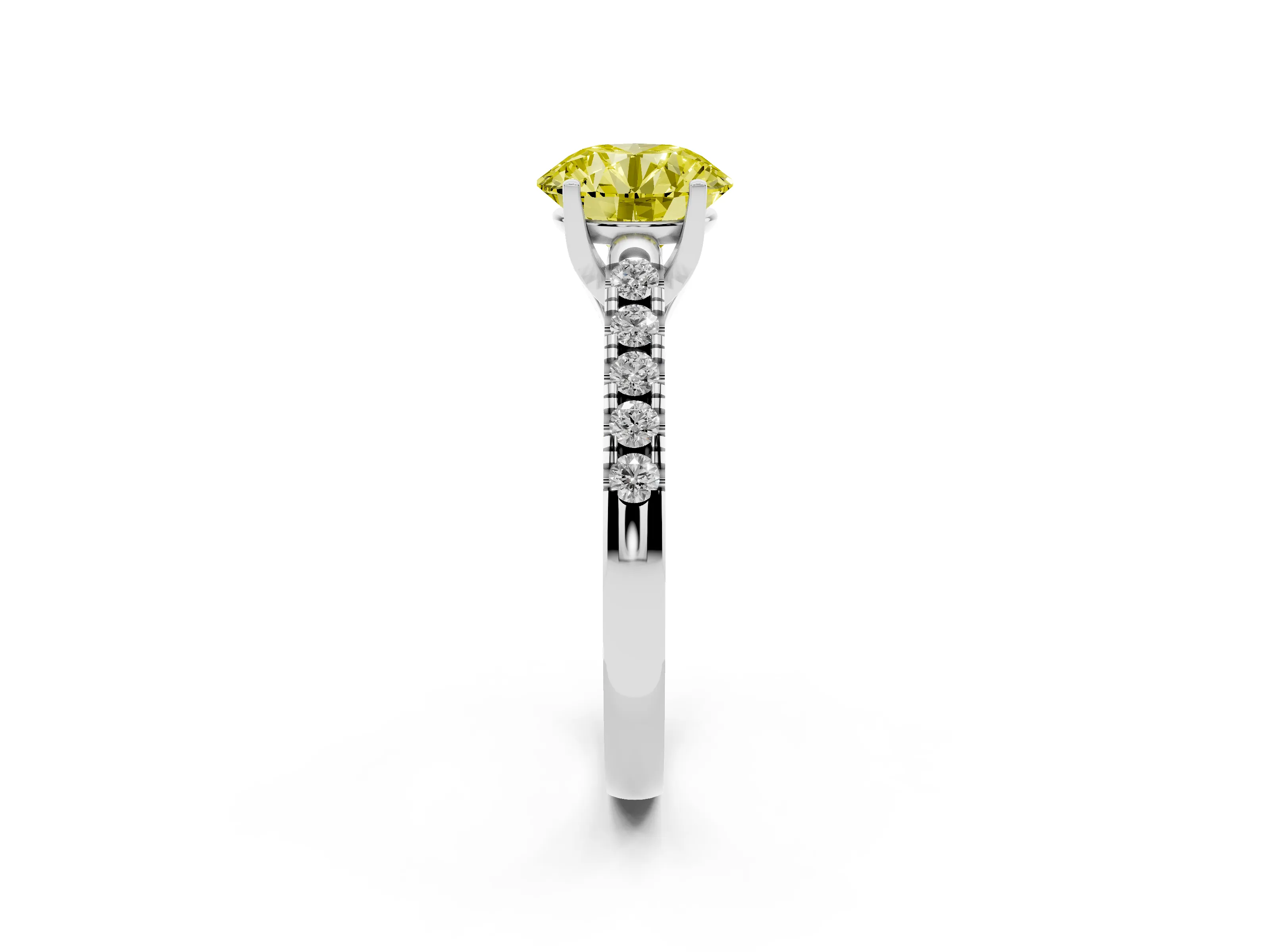 Fancy Yellow Round Cut Diamond Pavé Band Solitaire Ring Set in White gold with Partway Accent Stones and Prong Setting