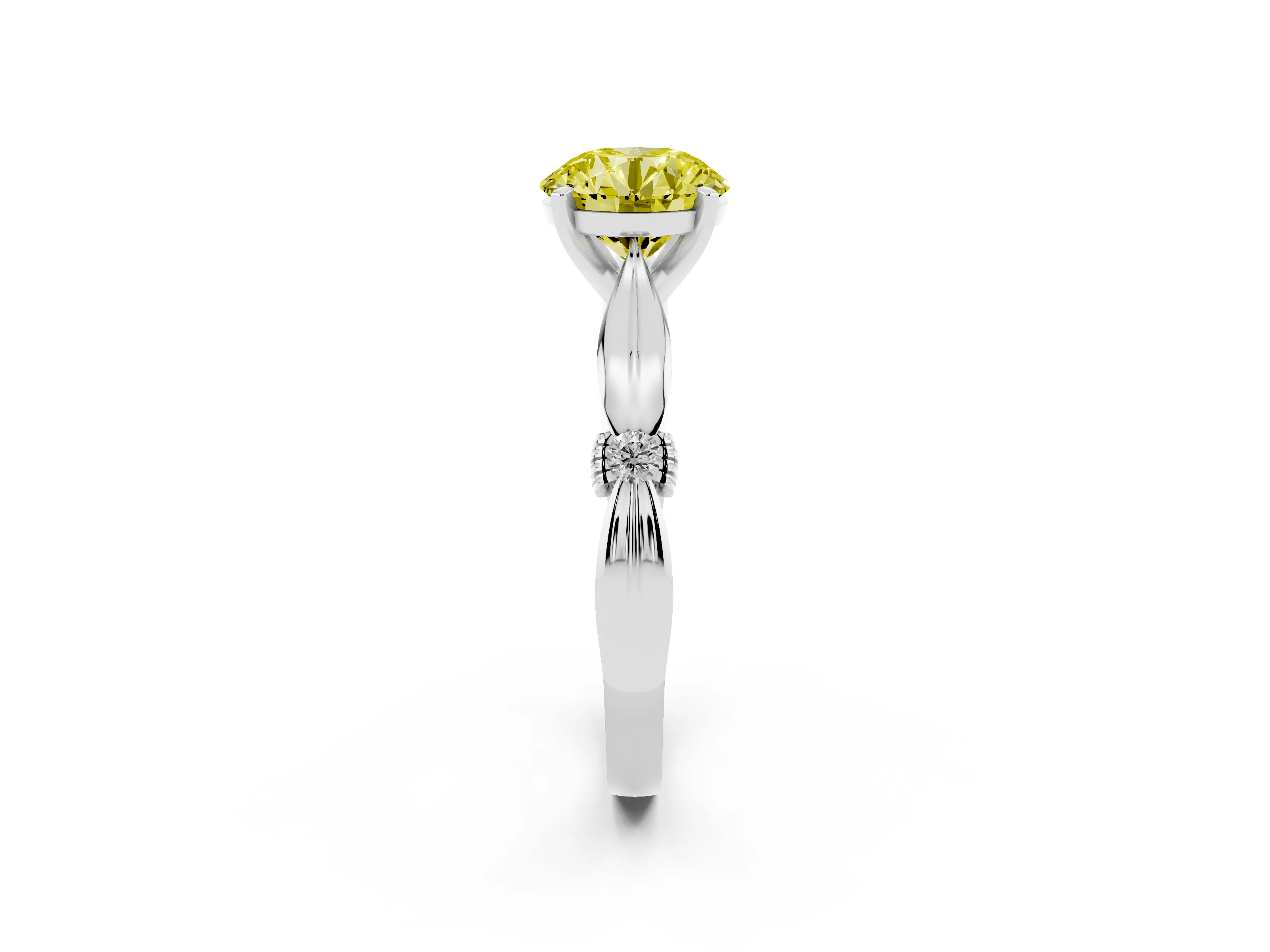 Fancy Yellow Round Cut Diamond Solitaire Twisted Band Ring Set in Silver with Accent Stones and Prong Setting