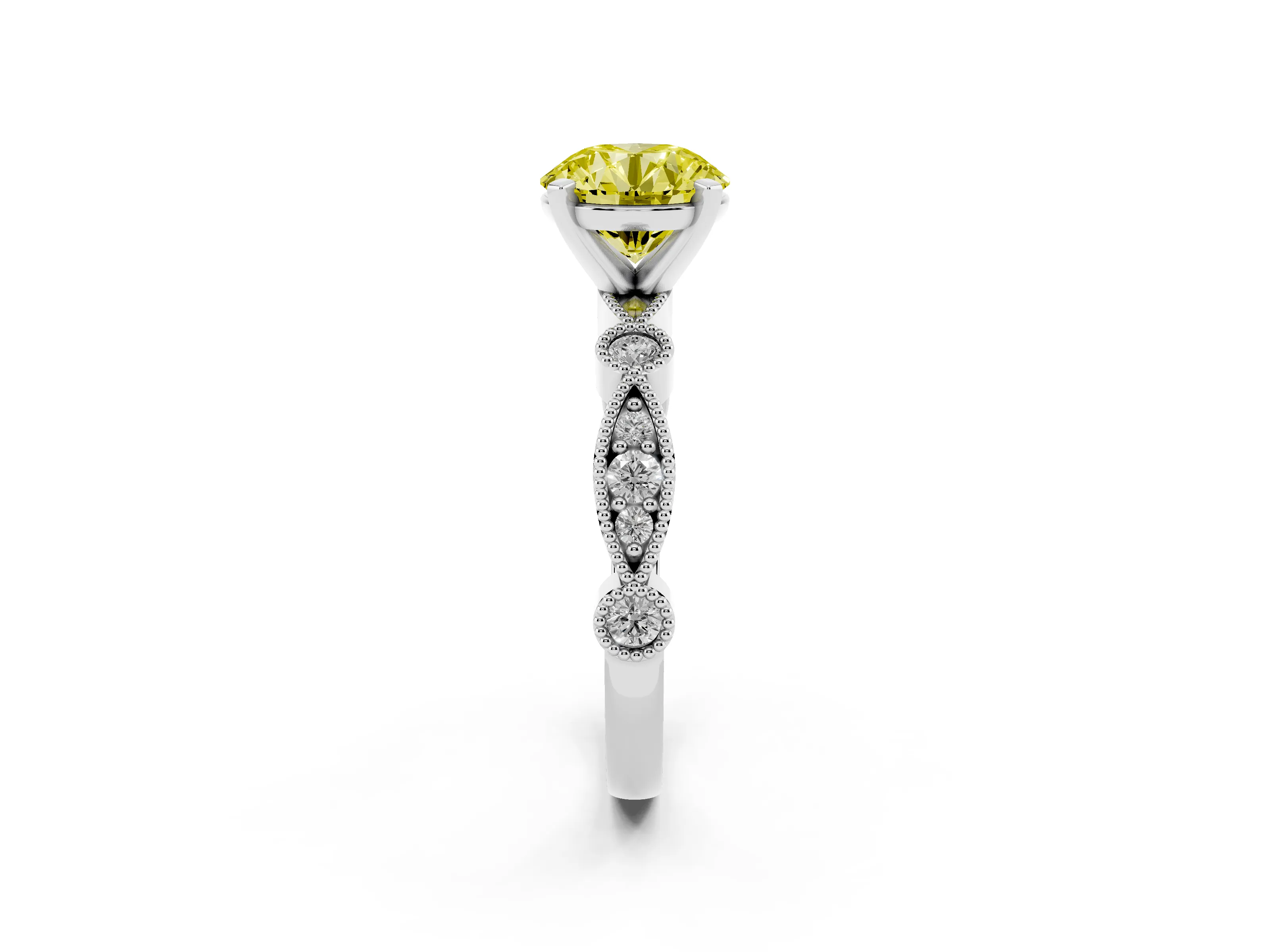 Fancy Yellow Round Cut Diamond Solitaire Engagement Ring Set in Silver with Milgrain Bezel Accent Band
