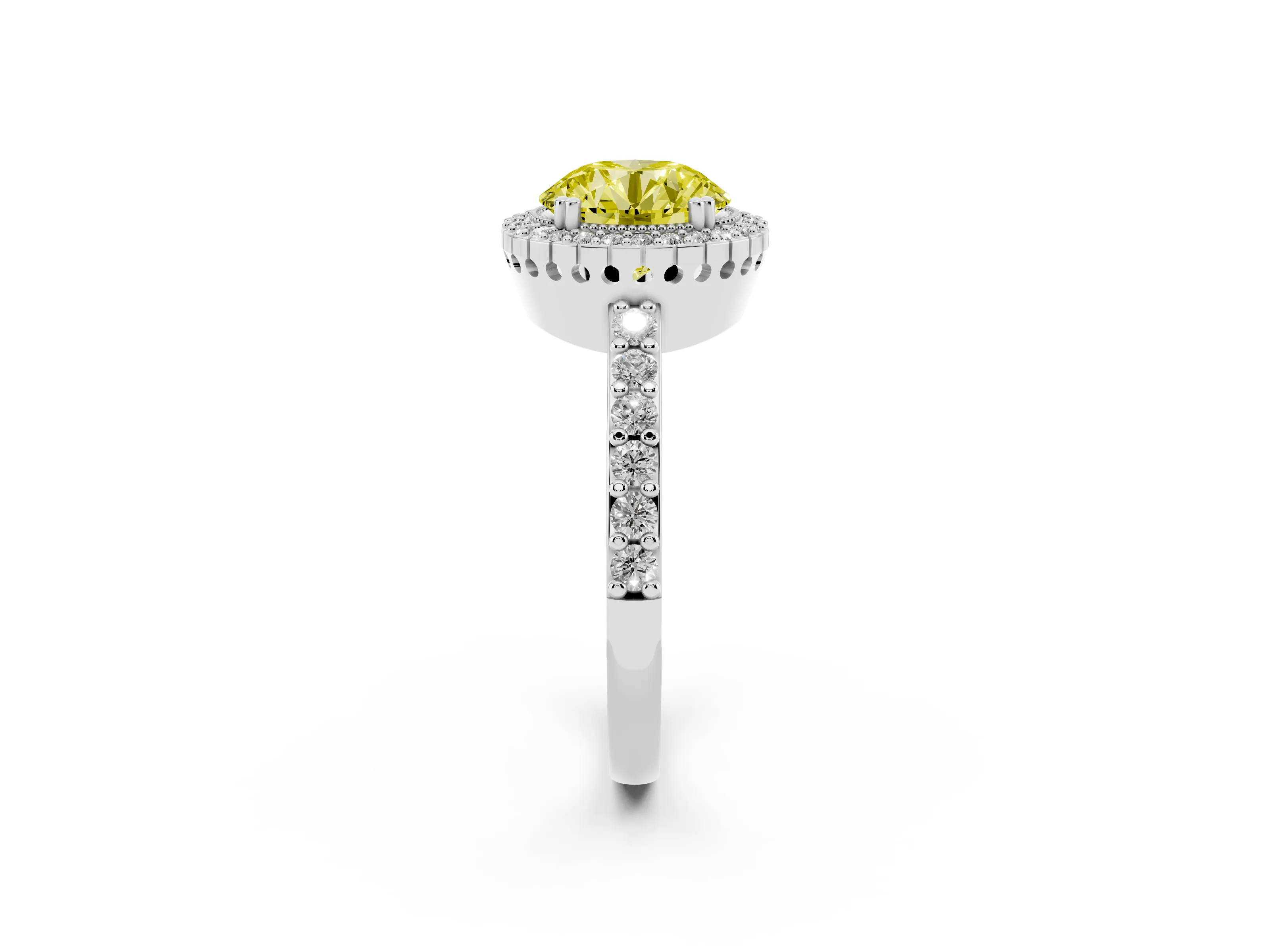 Fancy Yellow Round Cut Diamond Halo Engagement Ring Set in White gold with Milgrain Detail and Pavé Band