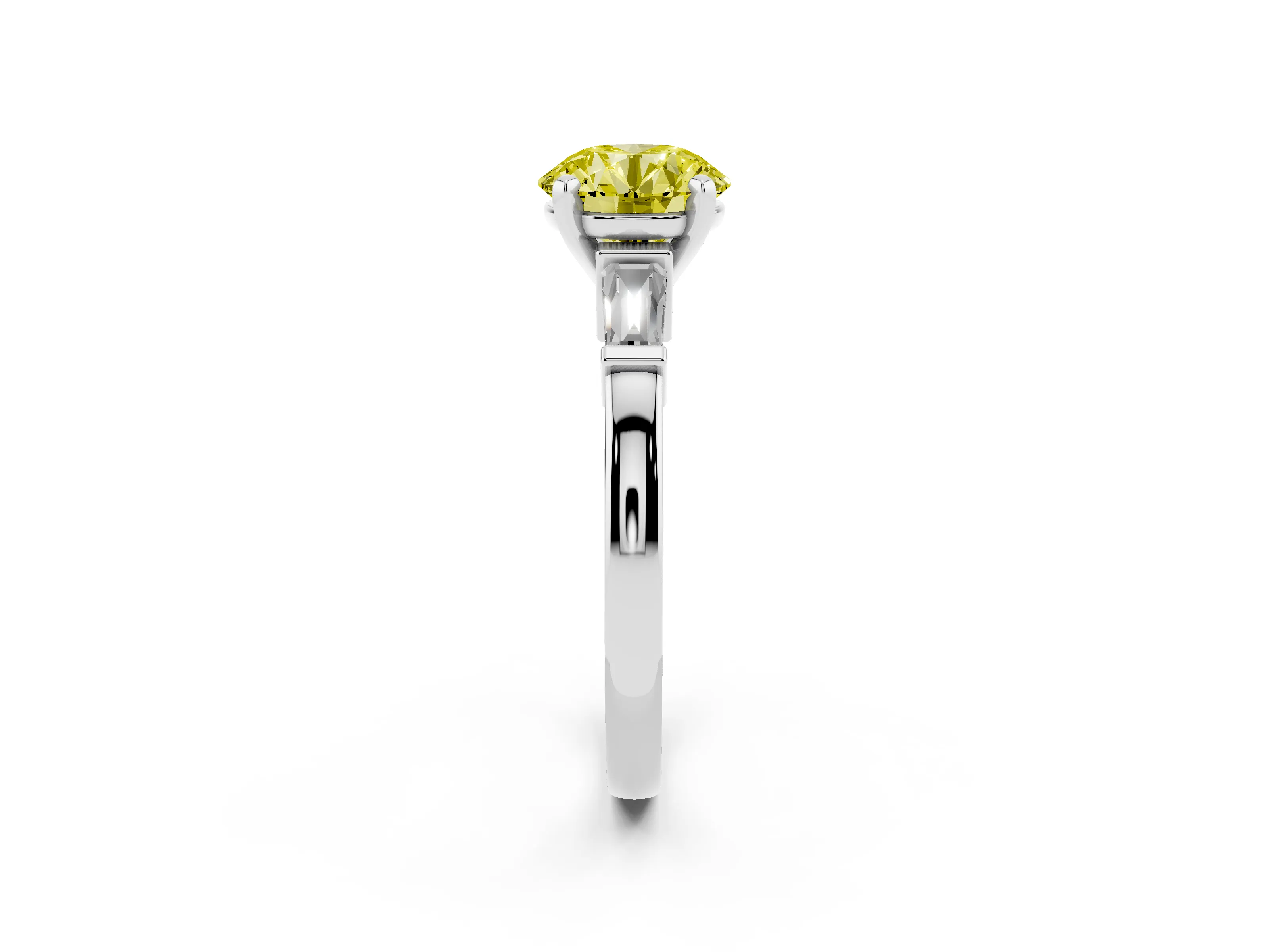 Fancy Yellow Round Cut Diamond Solitaire Ring Set in Platinum with Tapered Baguette Accents and Prong Setting