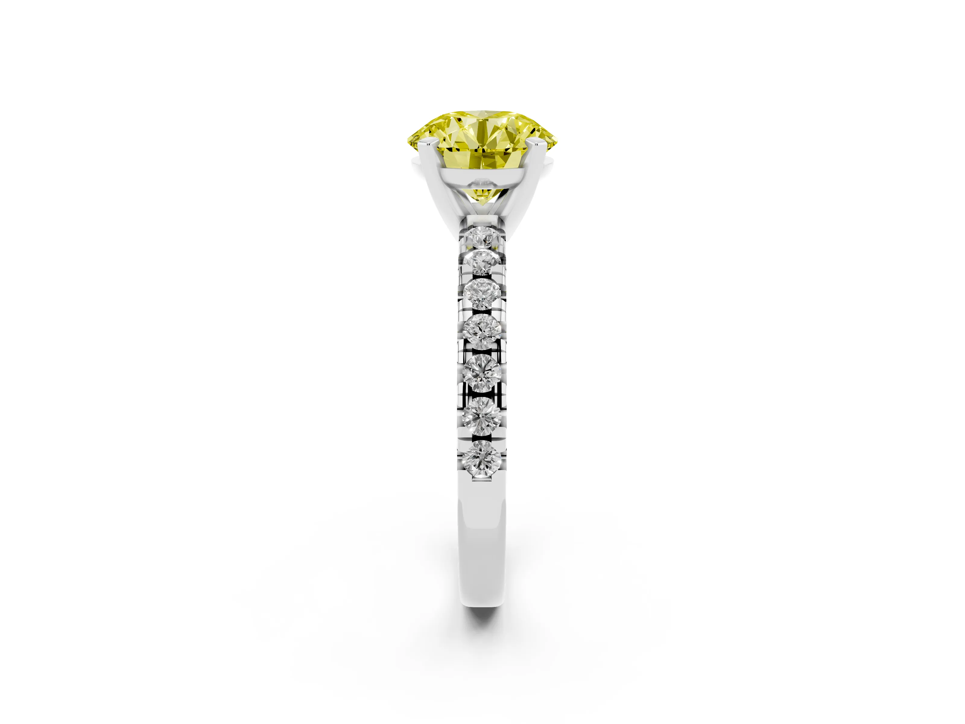 Fancy Yellow Round Cut Diamond Solitaire Pavé Engagement Ring Set in White gold with Round Band and Prong Setting