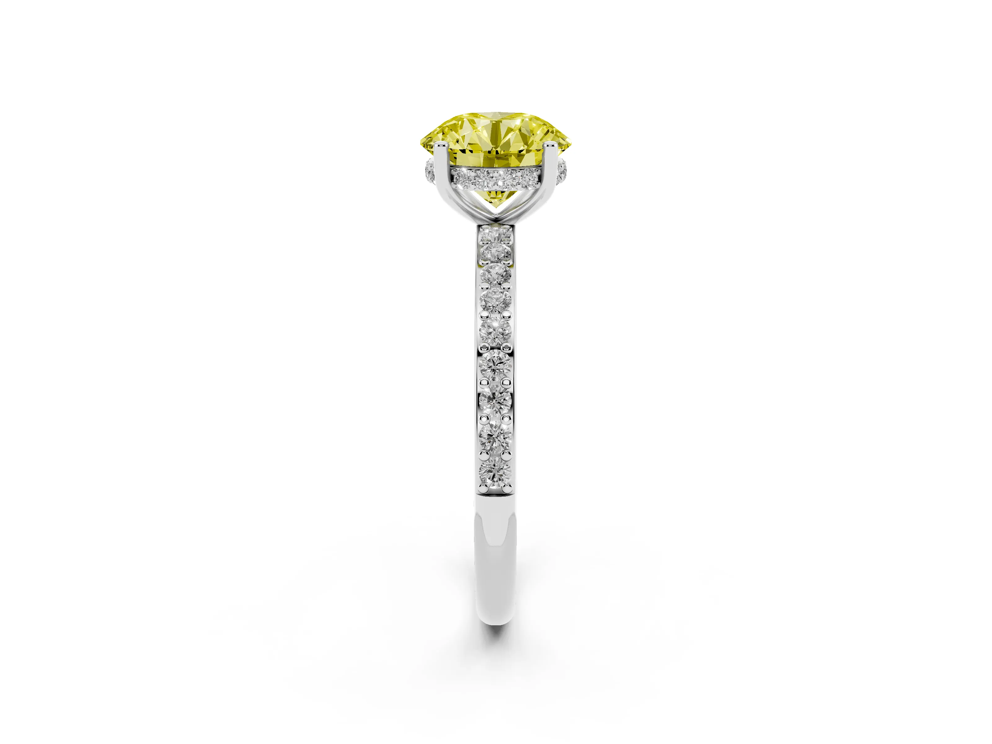 Fancy Yellow Round Cut Diamond Pavé Band Ring Set in Silver with Prong-Set Center Stone