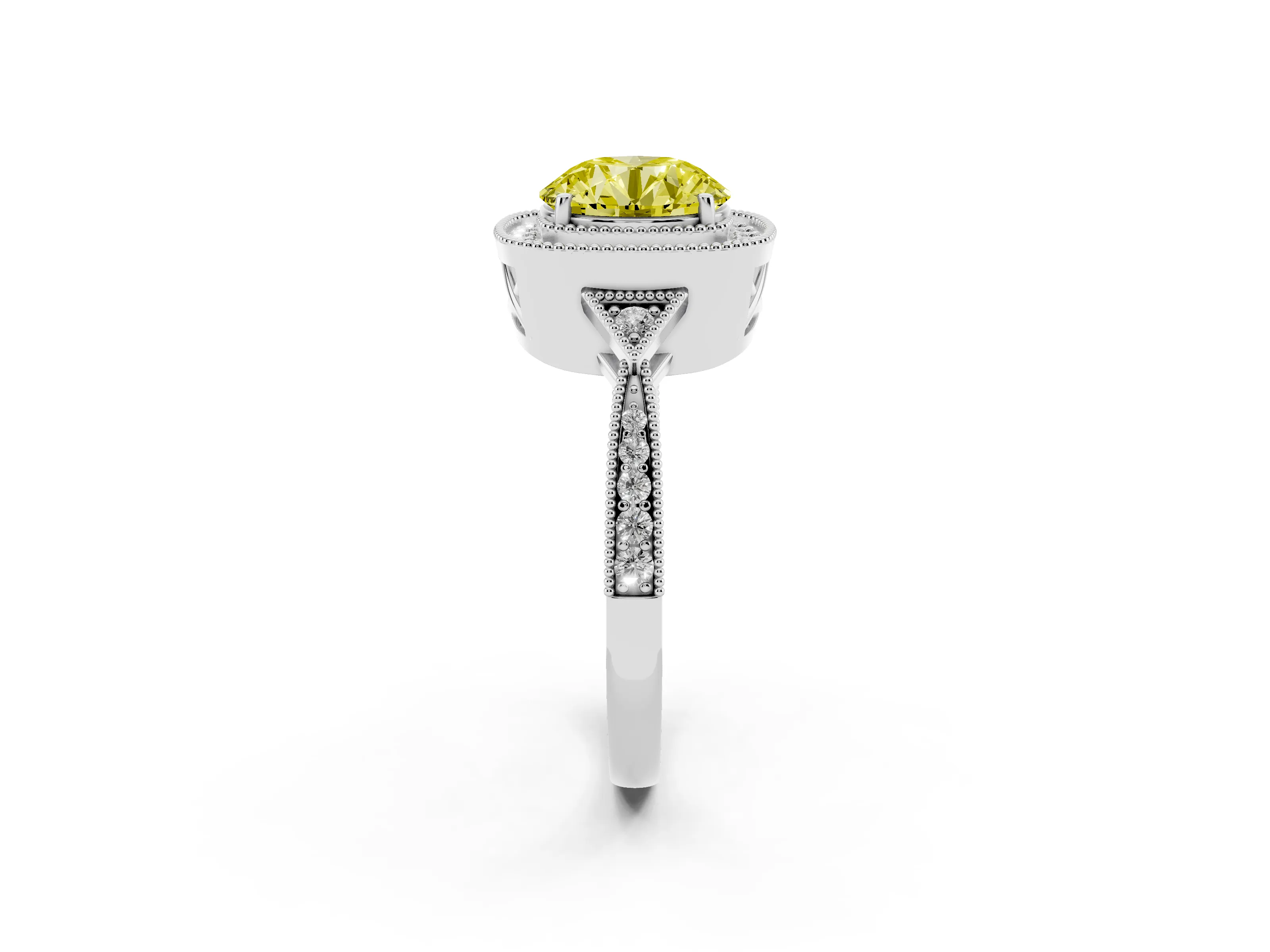 Fancy Yellow Round Cut Diamond Halo Engagement Ring Set in Platinum with Milgrain Pavé Band