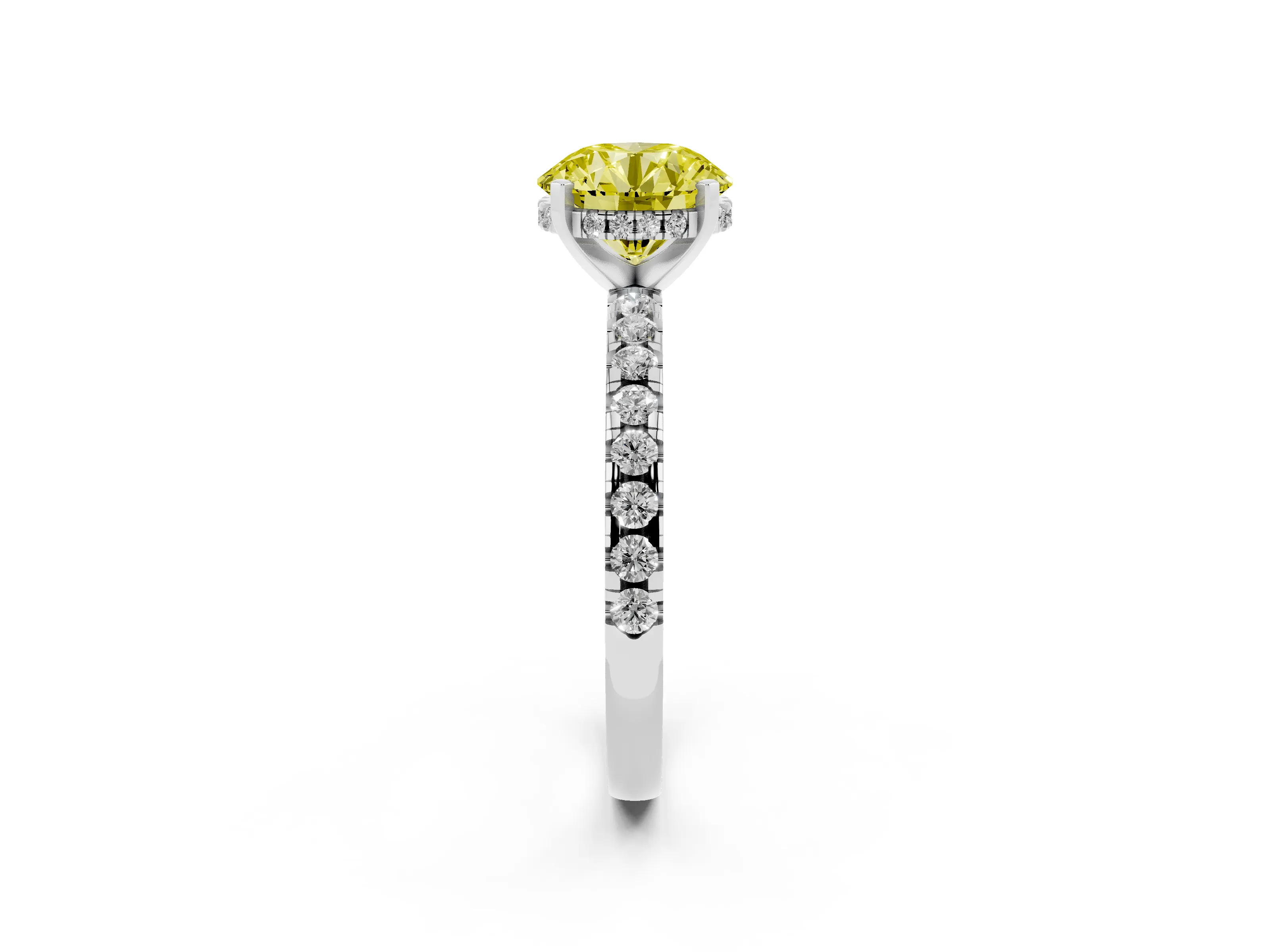 Fancy Yellow Round Cut Diamond Pavé Solitaire Ring Set in Platinum with Round Band Accents and Prong Setting