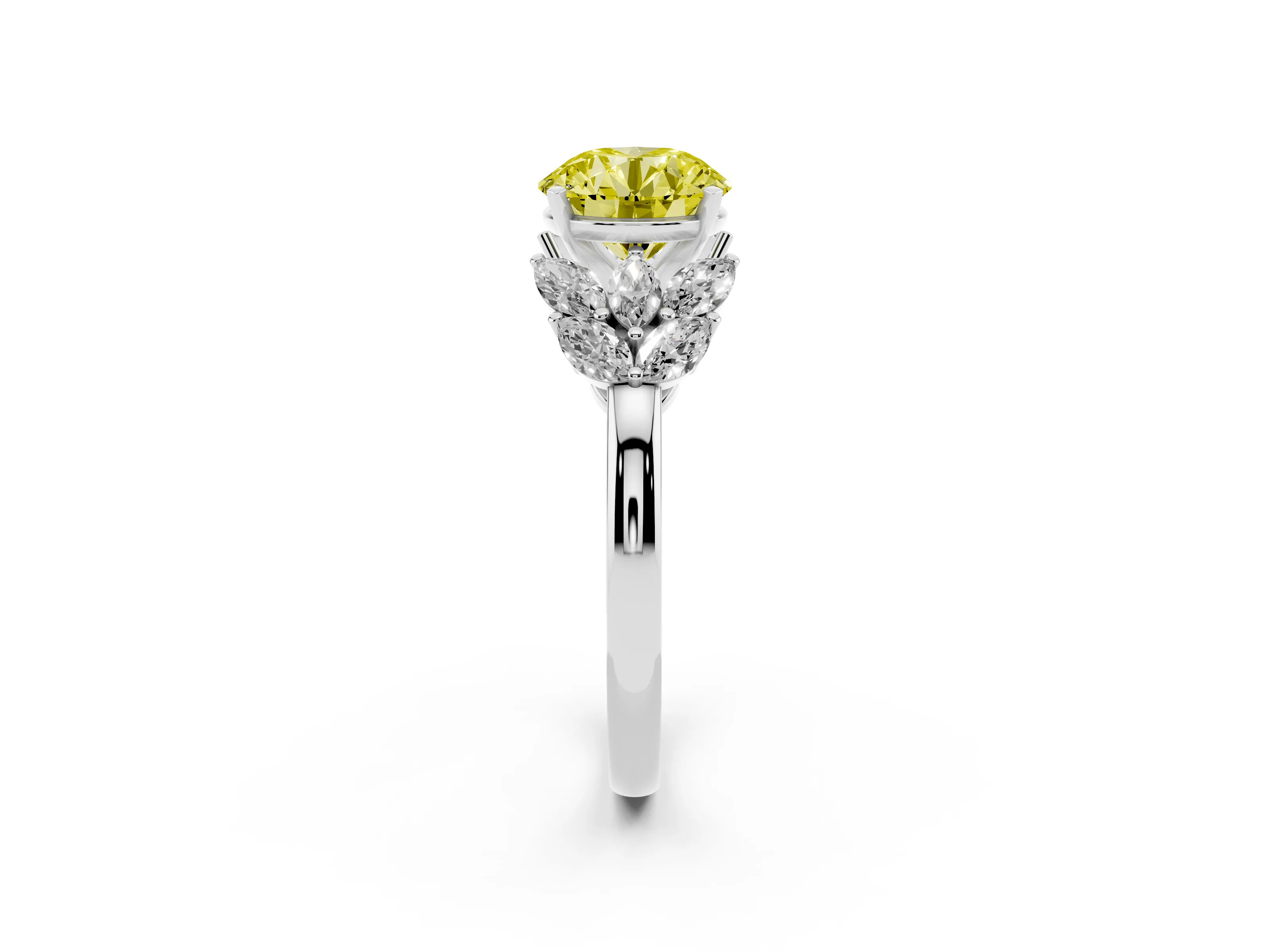 Fancy Yellow Round Cut Diamond Cluster Leaf Design Ring Set in Platinum with Prong Setting