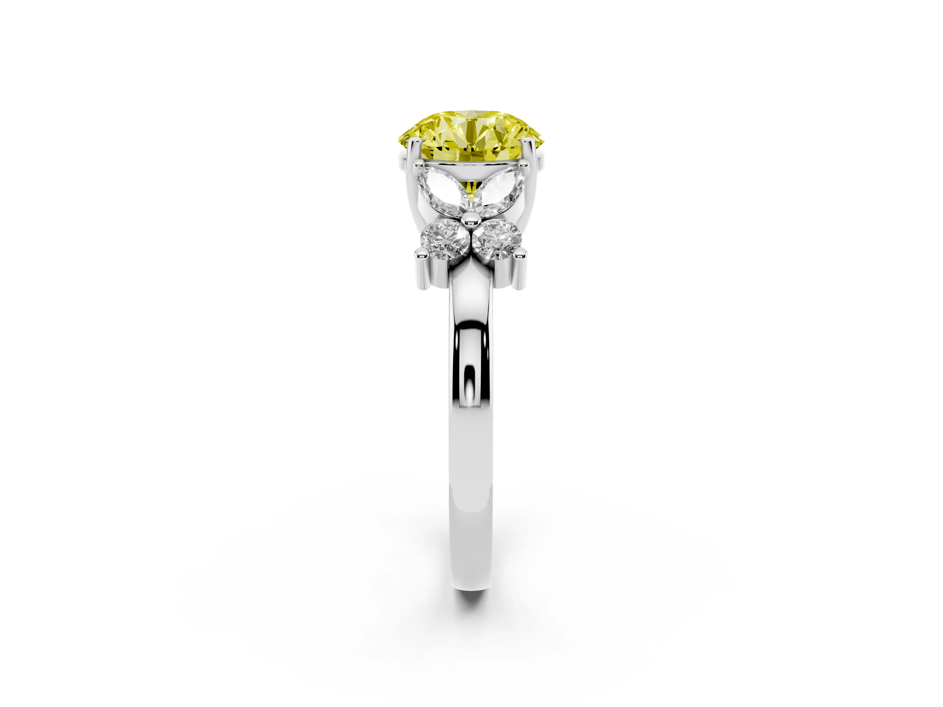 Fancy Yellow Round Cut Diamond Floral Cluster Ring Set in Platinum with Marquise Petals and Prong Setting
