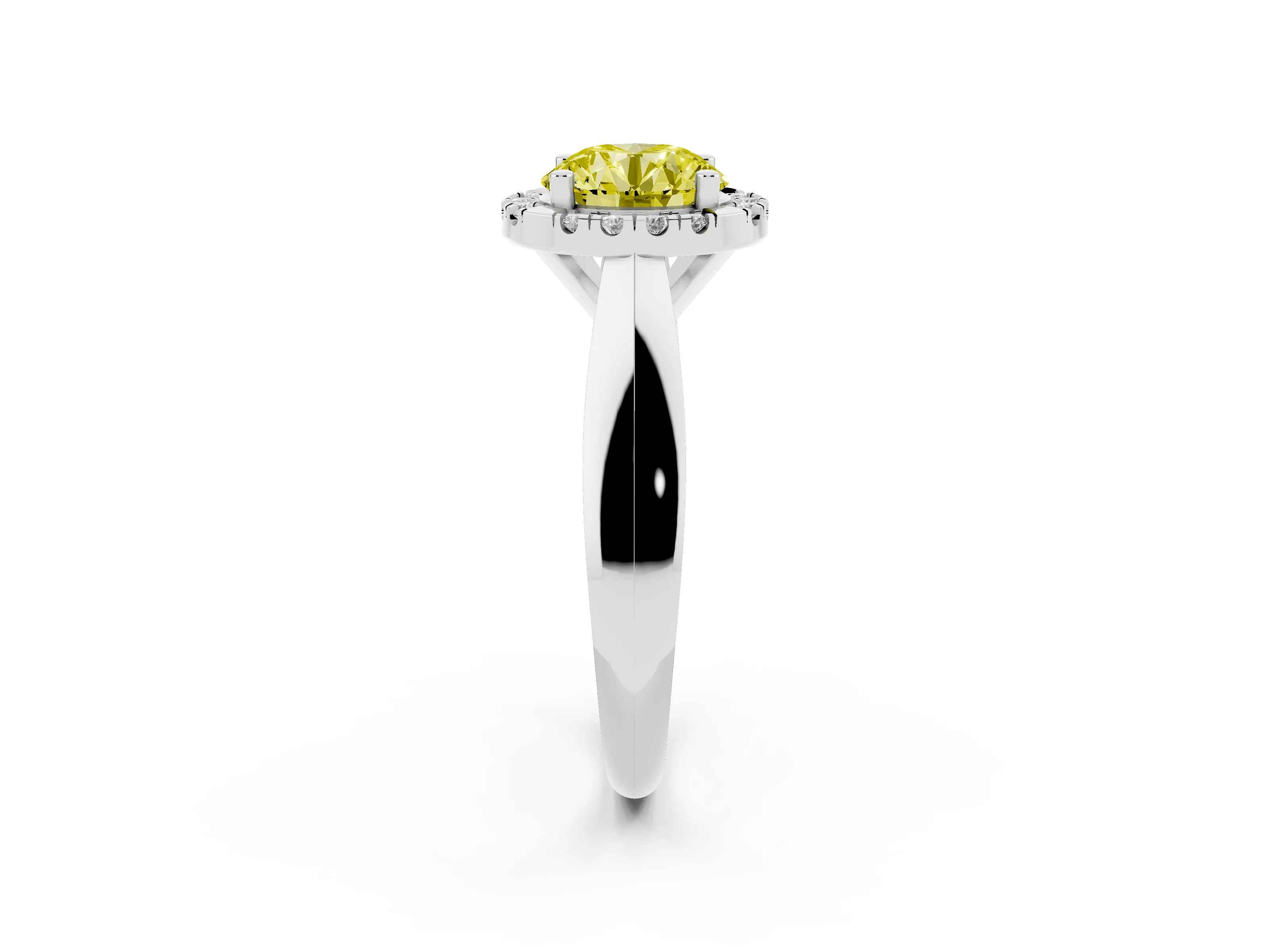 Fancy Yellow Round Cut Diamond Halo Solitaire Engagement Ring Set in Platinum with Square Band and Prong Setting