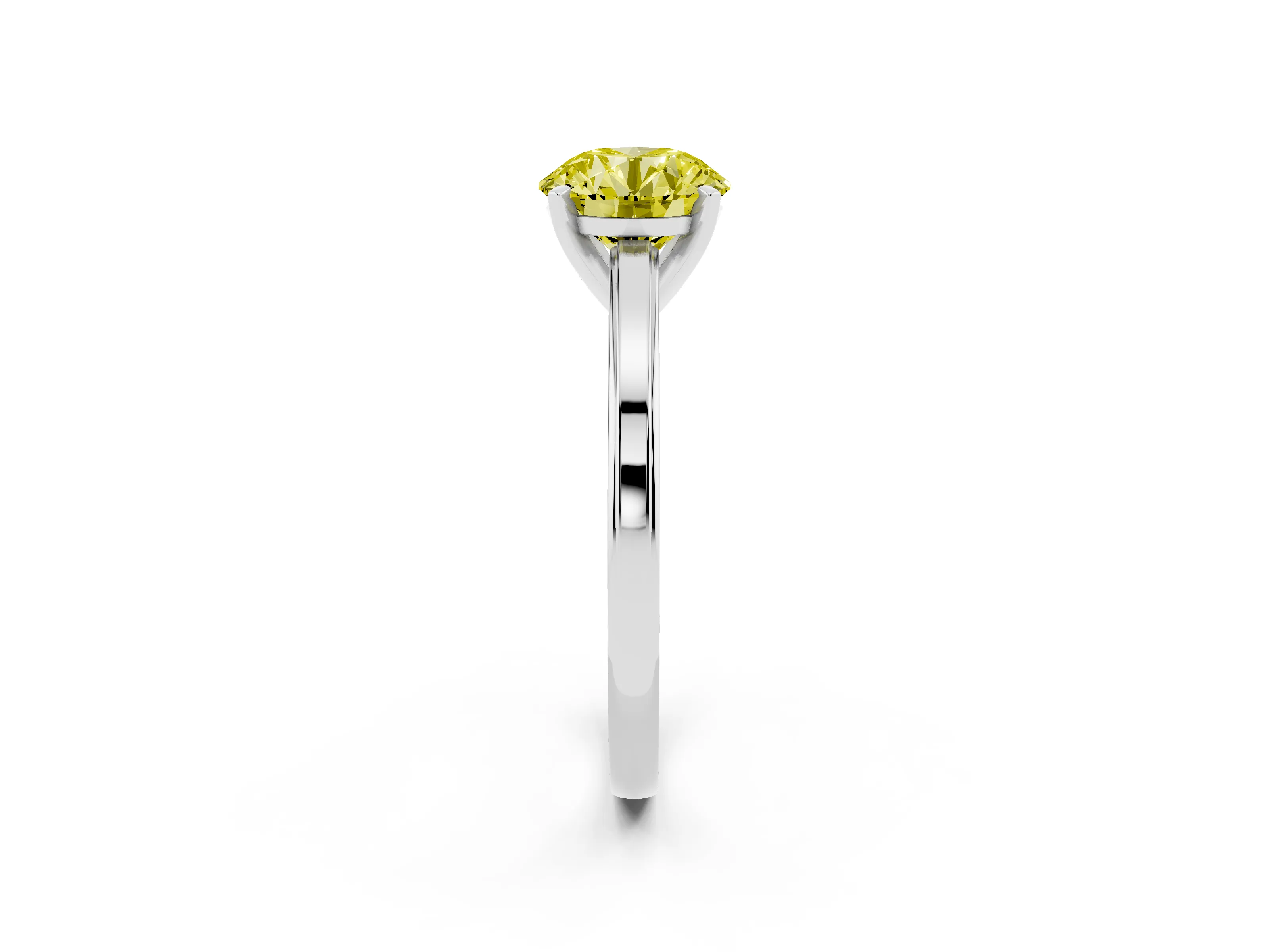 Fancy Yellow Round Cut Diamond Solitaire Ring Set in Platinum with Prong Setting and Classic Band