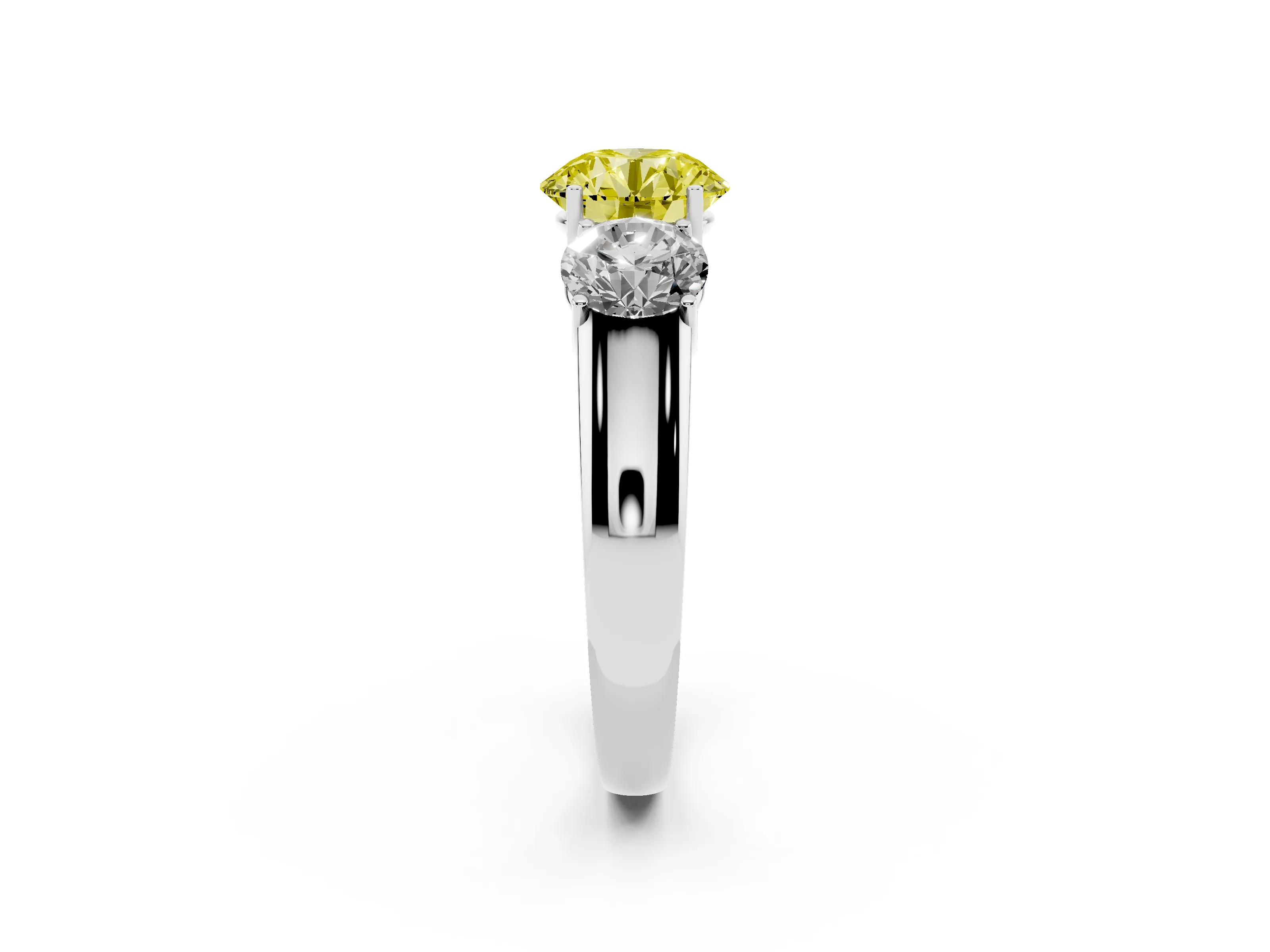 Fancy Yellow Three-Stone Round Cut Diamond Ring Set in White gold with Matching Prong Settings and Plain Band