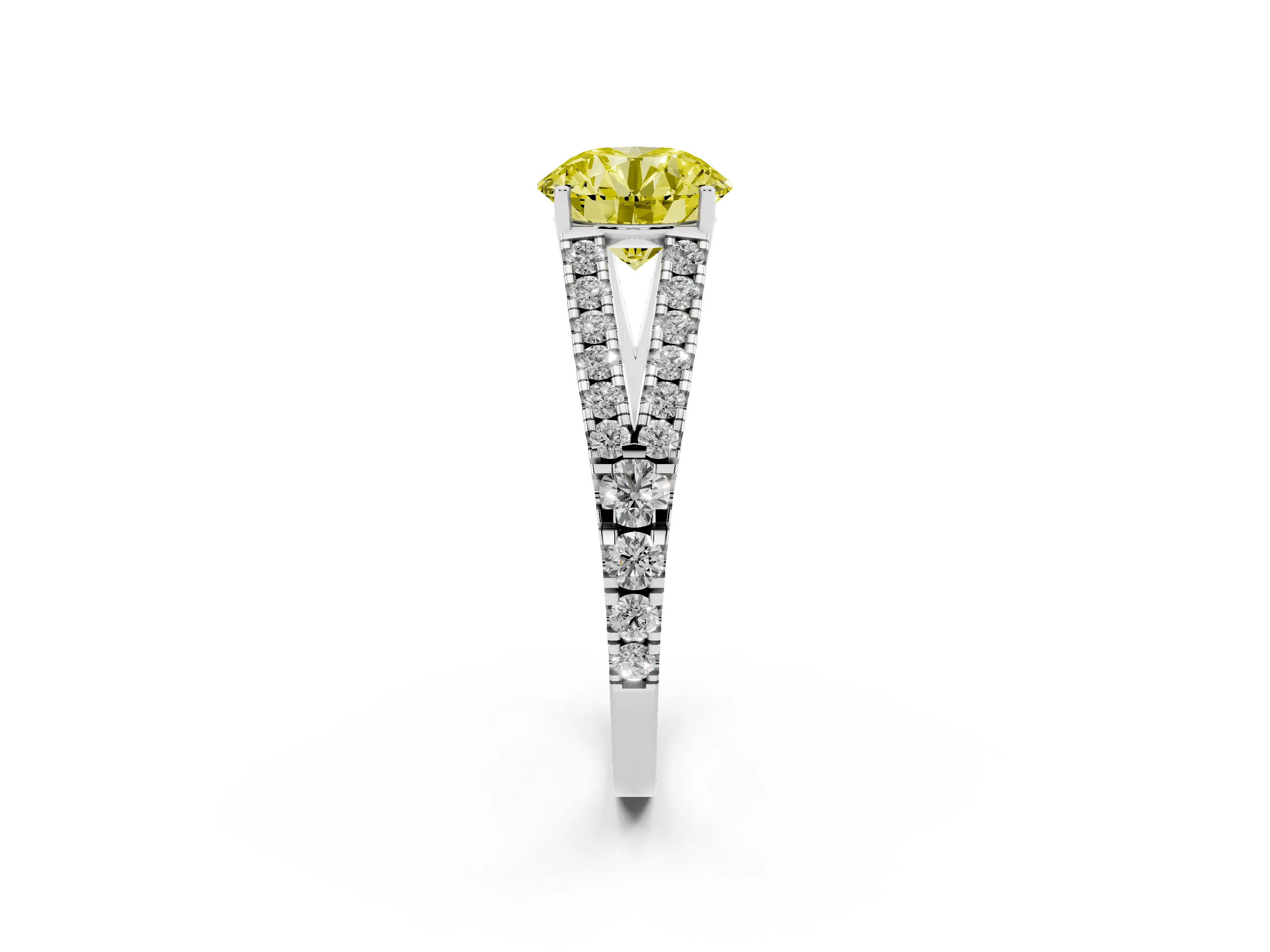 Fancy Yellow Round Cut Diamond Split Shank Pavé Engagement Ring Set in Silver with Prong-Held Center Stone