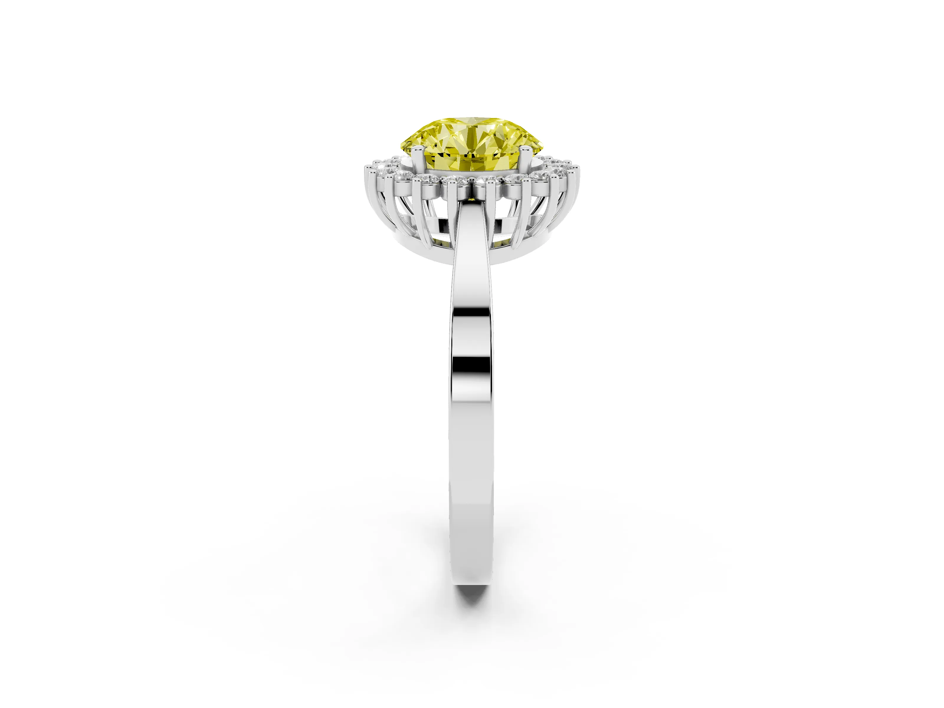 Fancy Yellow Round Cut Diamond Halo Ring Set in White gold with Round Halo and Smooth Solitaire Band