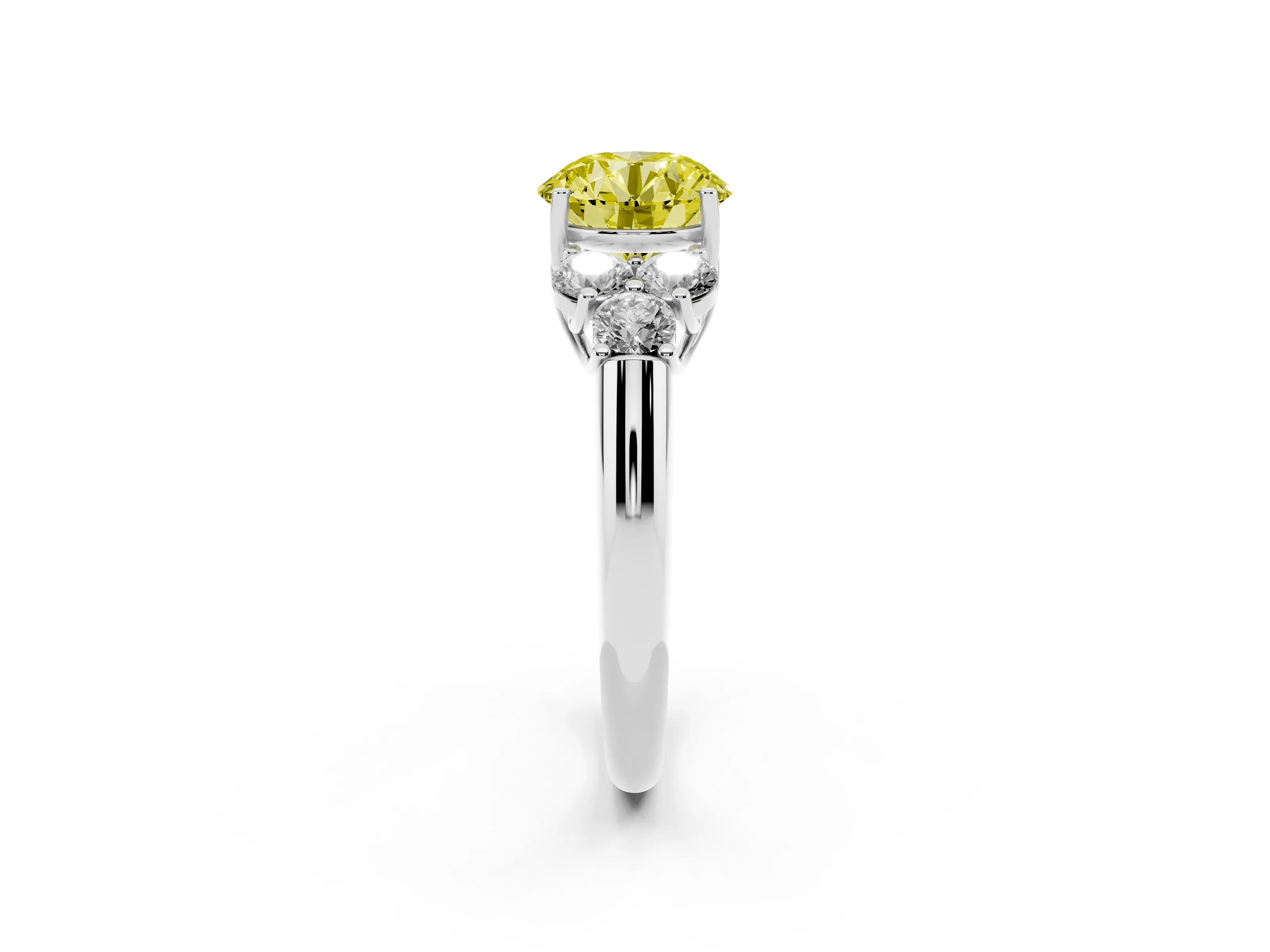 Fancy Yellow Round Cut Diamond Cluster Ring Set in Platinum with Round Accent Stones and Prong Setting on a Plain Band