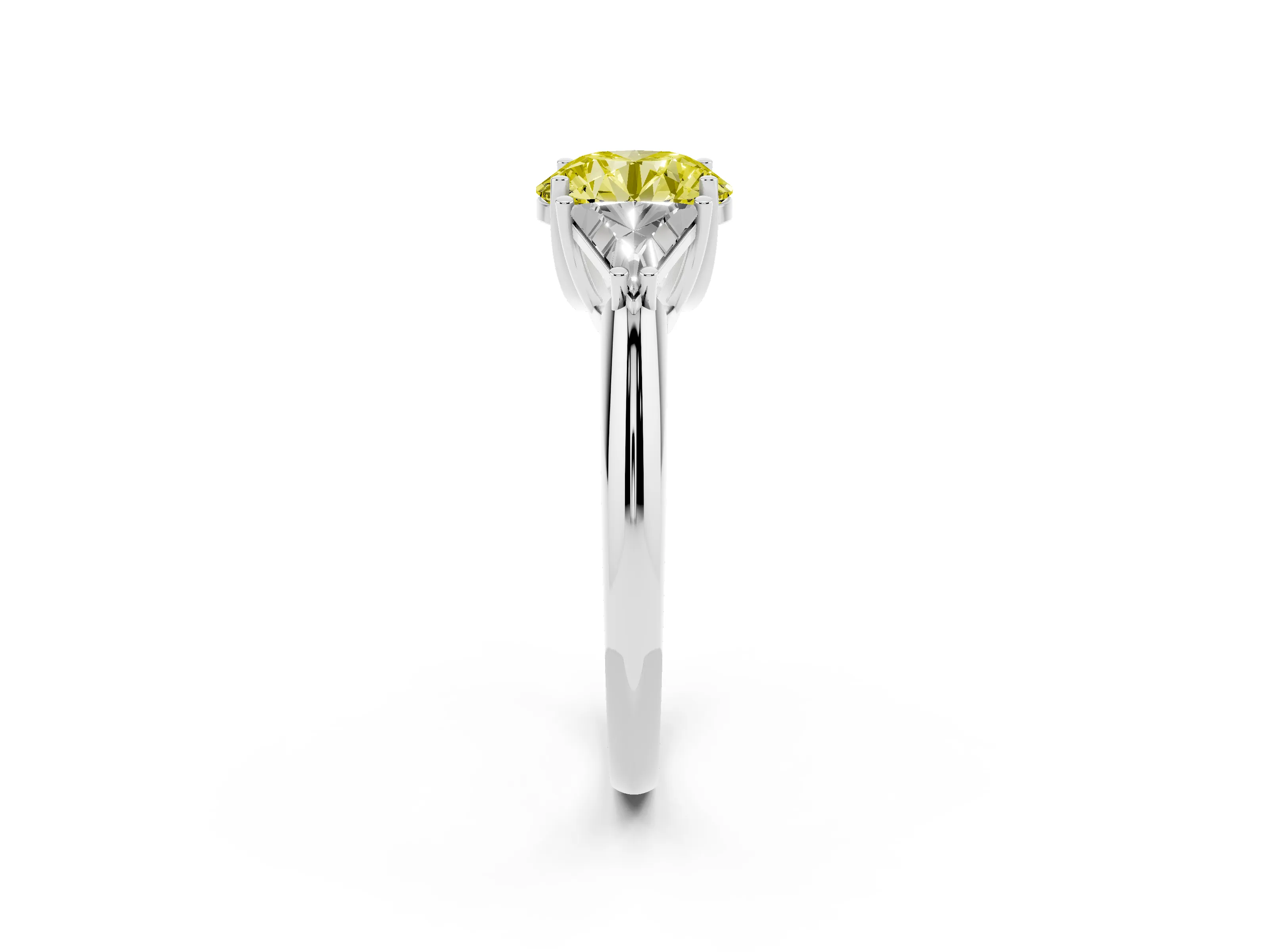 Fancy Yellow Round Cut Diamond Three-Stone Engagement Ring Set in White gold with Trillion Side Stones