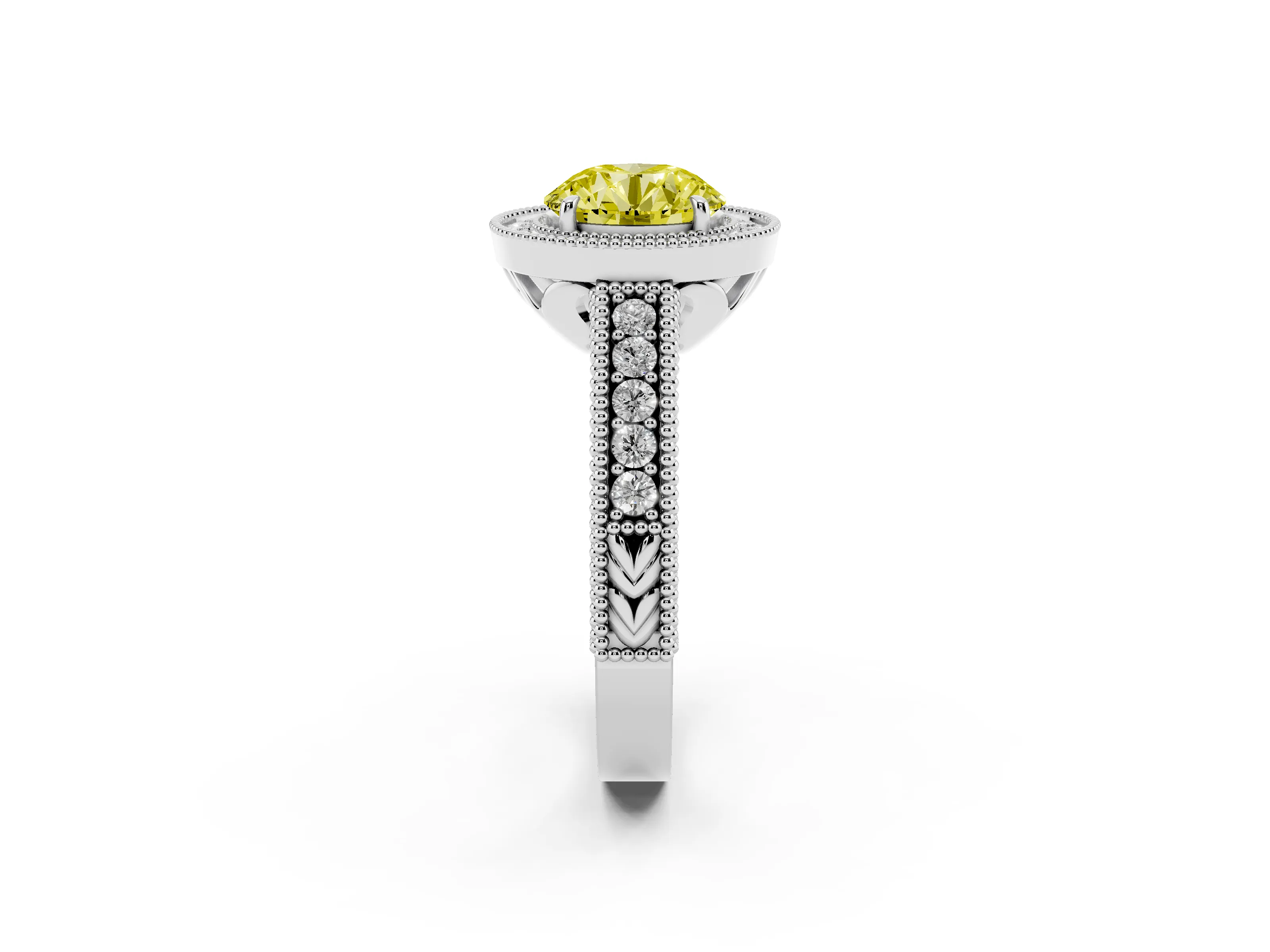 Fancy Yellow Round Cut Diamond Halo Ring Set in Silver with Round Accent Halo, Pavé Band and Prong Setting