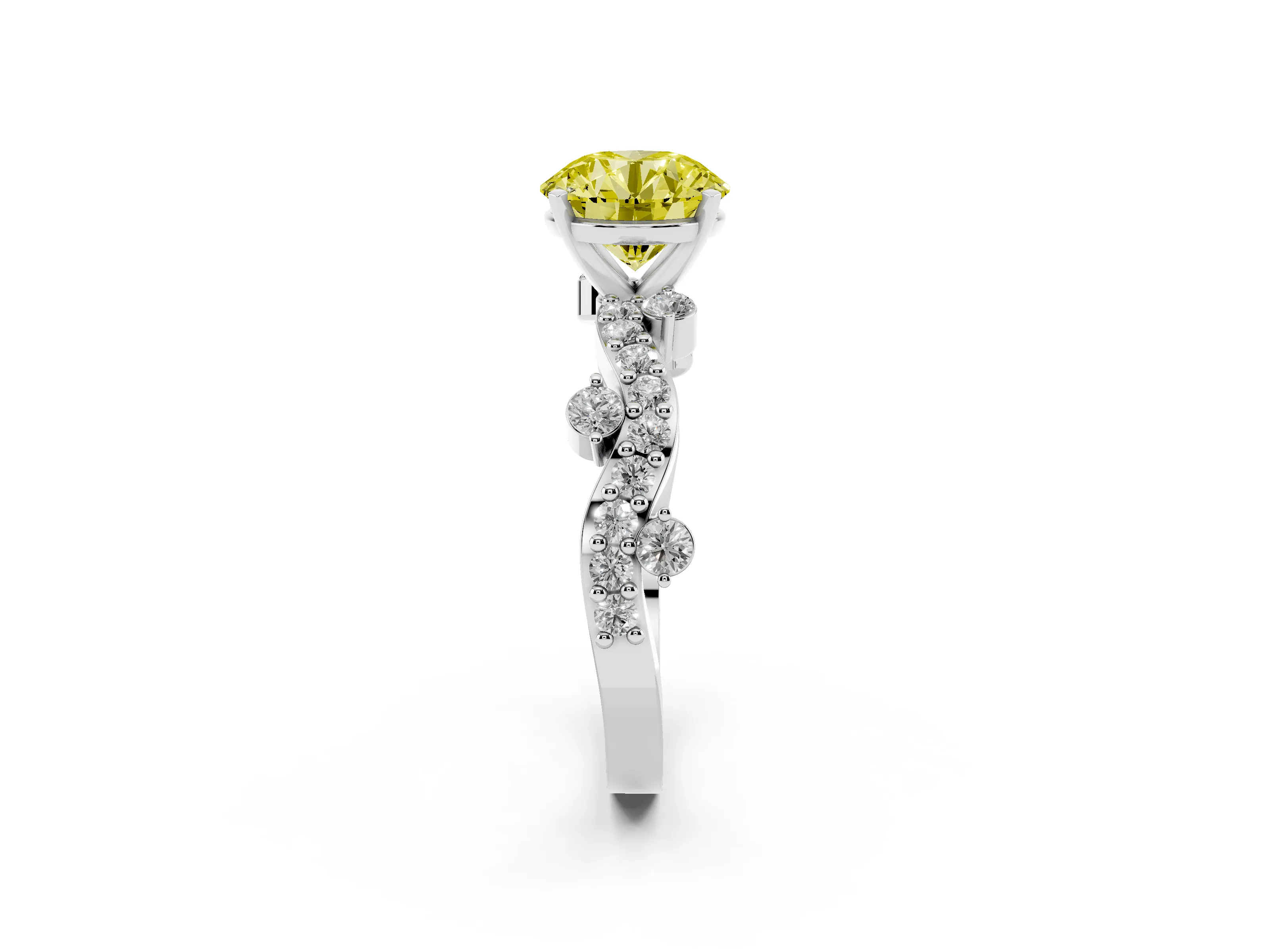 Fancy Yellow Round Cut Diamond Solitaire Twisted Band Set in Platinum with Pavé Setting