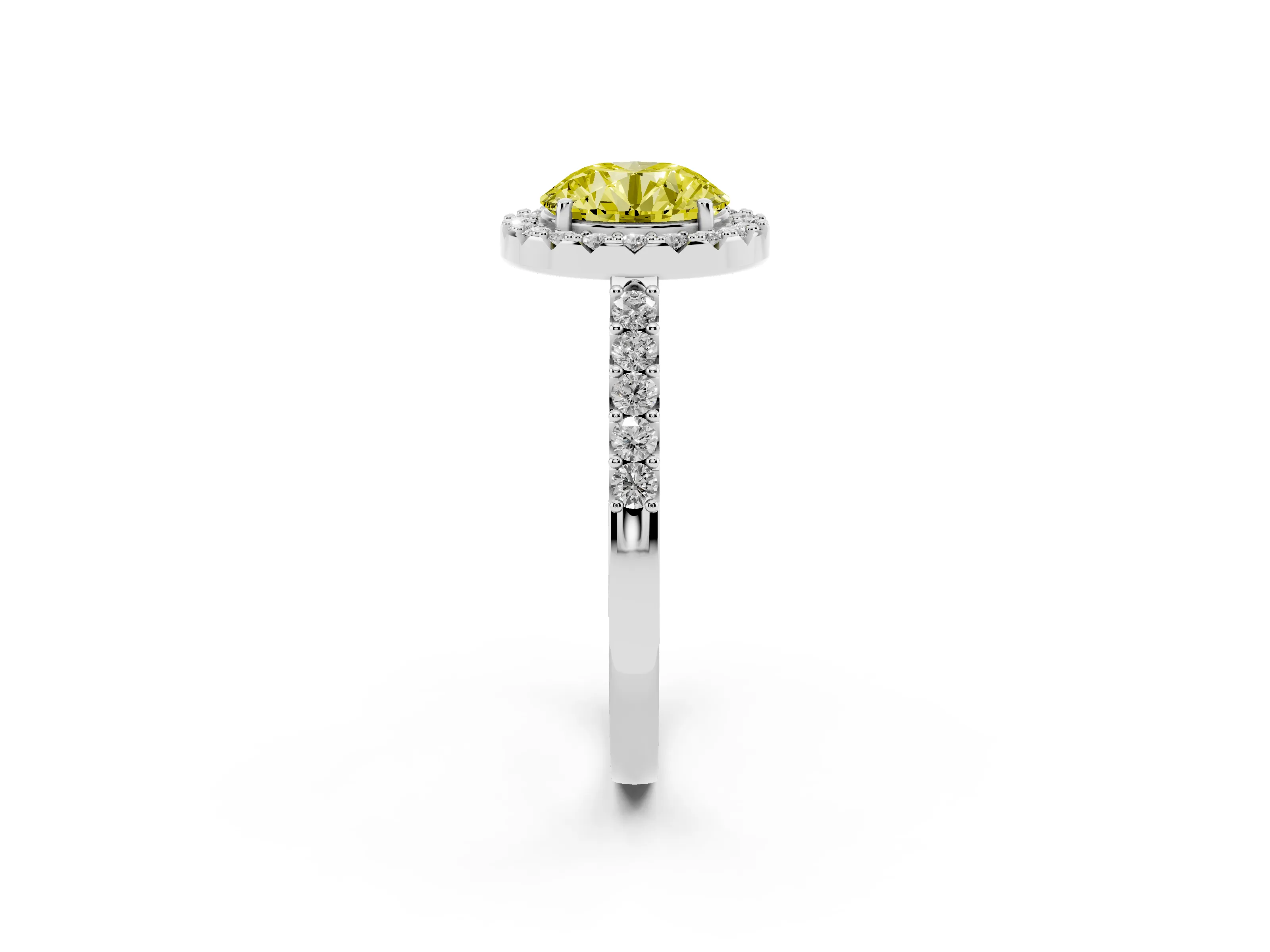 Fancy Yellow Round Cut Diamond Halo Pavé Solitaire Ring Set in Silver with Prong-Set Center Stone
