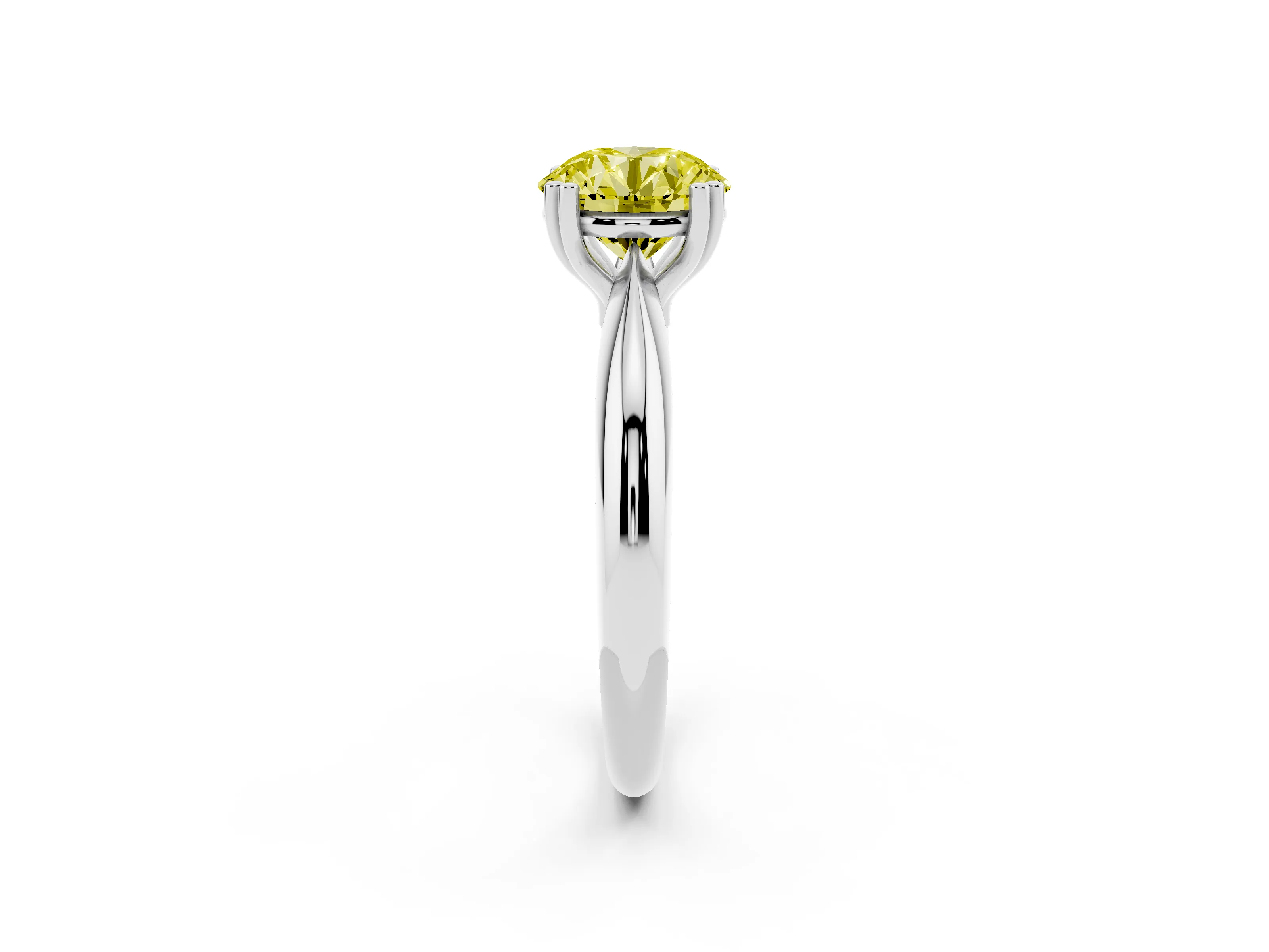 Fancy Yellow Round Cut Diamond Solitaire Engagement Ring Set in White gold with Tapered Band and Prong Setting