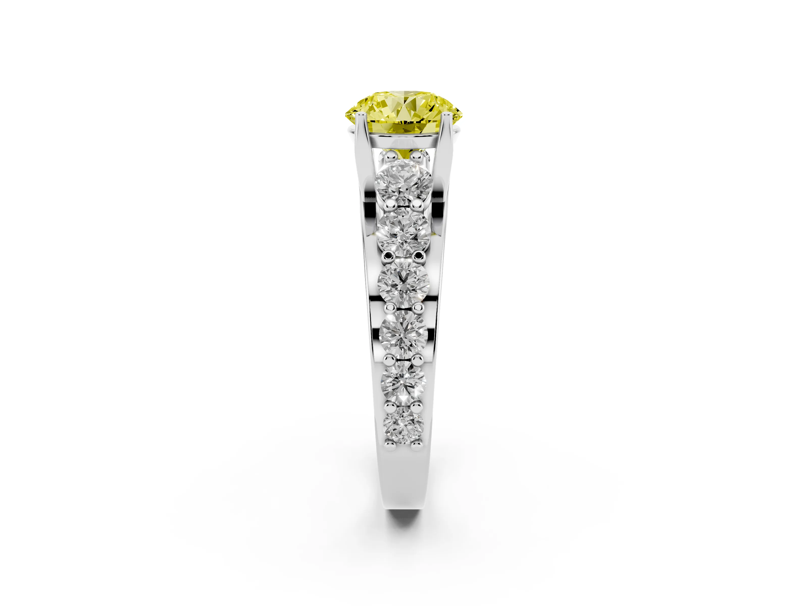 Fancy Yellow Round Cut Diamond Pavé Engagement Ring Set in Silver with Prong Setting