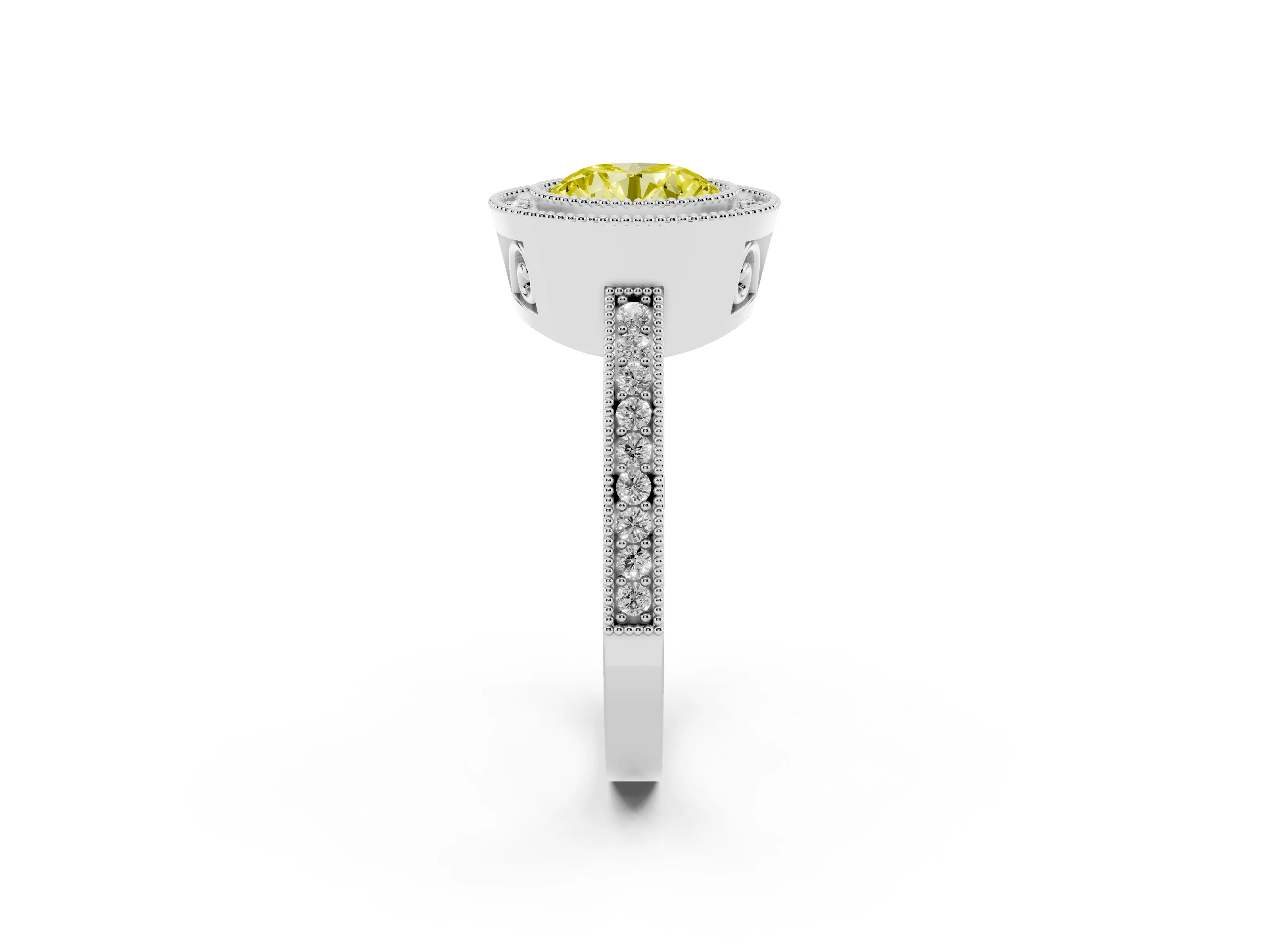 Fancy Yellow Round Cut Diamond Round Halo Ring Set in White gold with Pavé Band