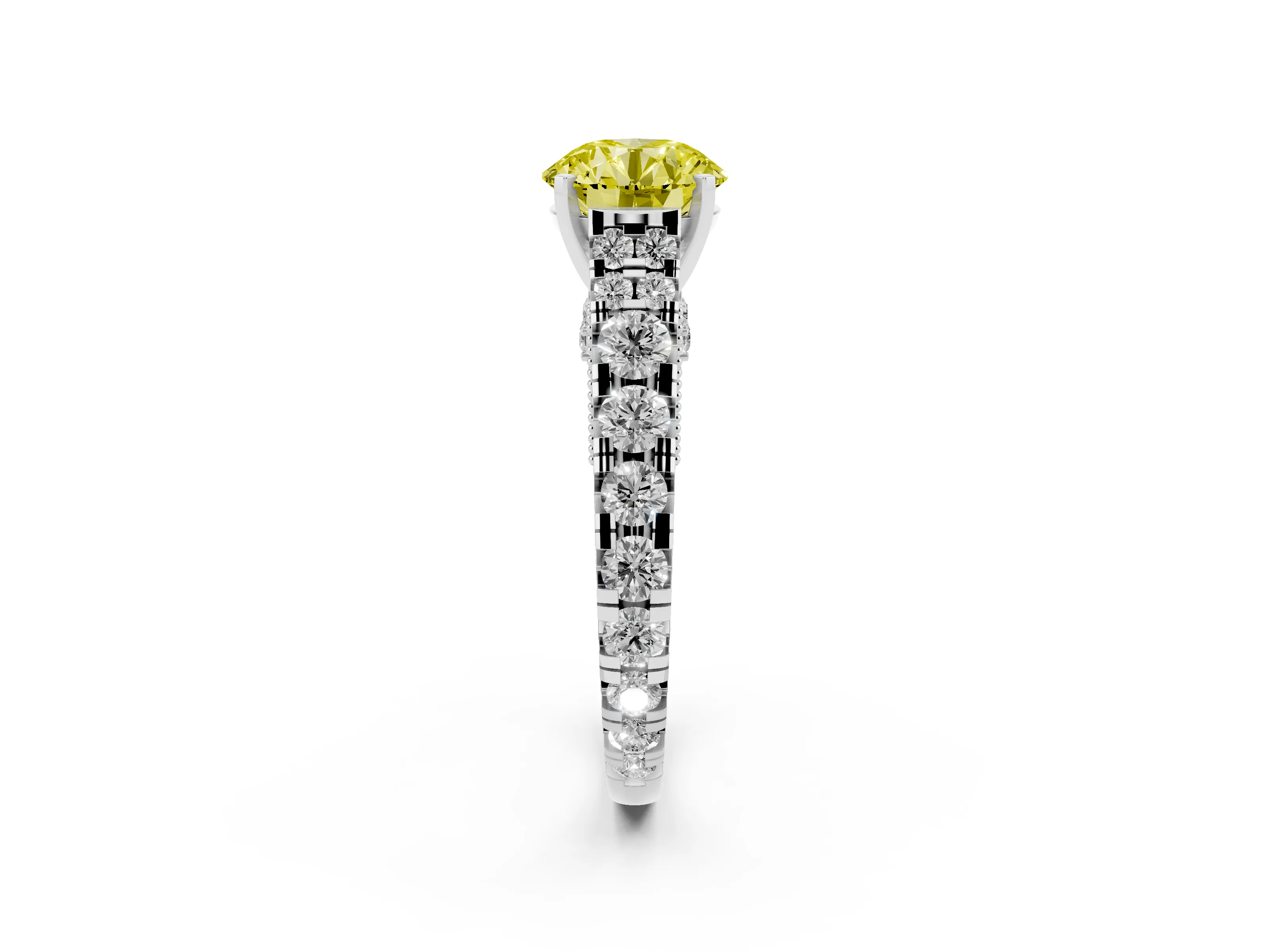 Fancy Yellow Round Cut Diamond Classic Solitaire Ring Set in Platinum with Pavé Band and Prong Setting