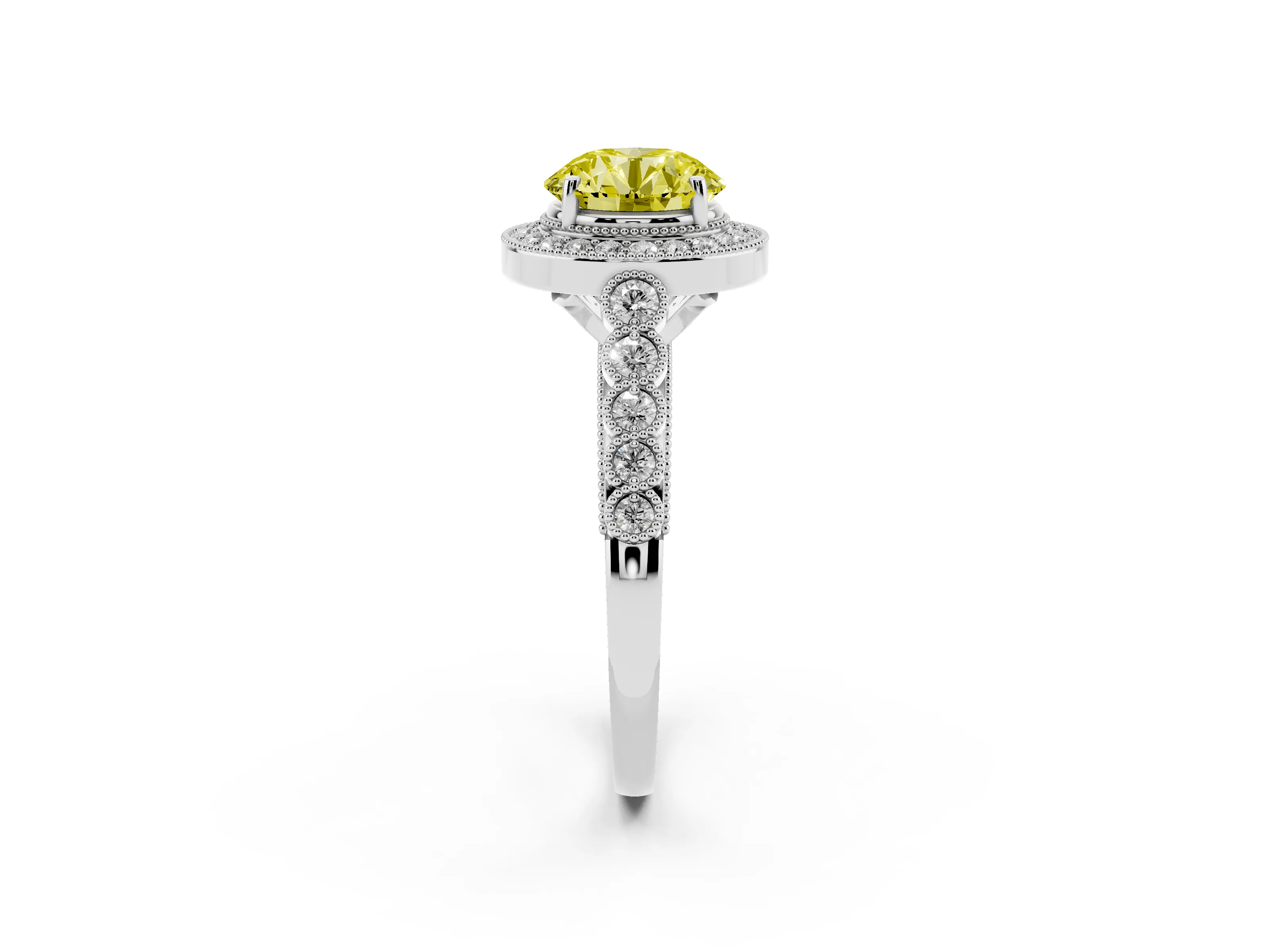 Fancy Yellow Round Cut Diamond Milgrain Halo Solitaire Ring Set in Silver with Bezel Set Side Stones and Pavé Band