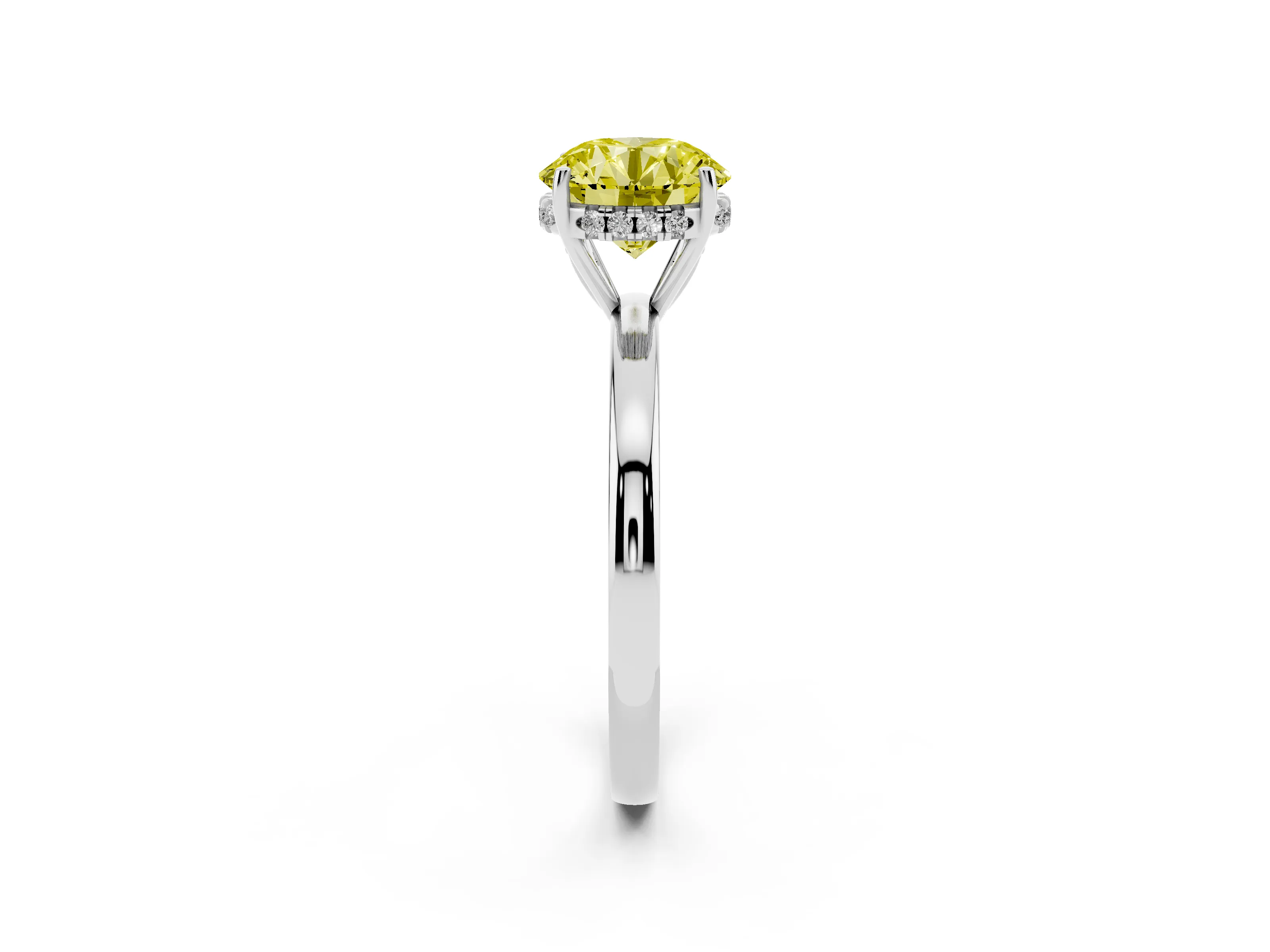 Fancy Yellow Round Cut Diamond Solitaire Ring Set in Platinum with Plain Band and Prong Setting