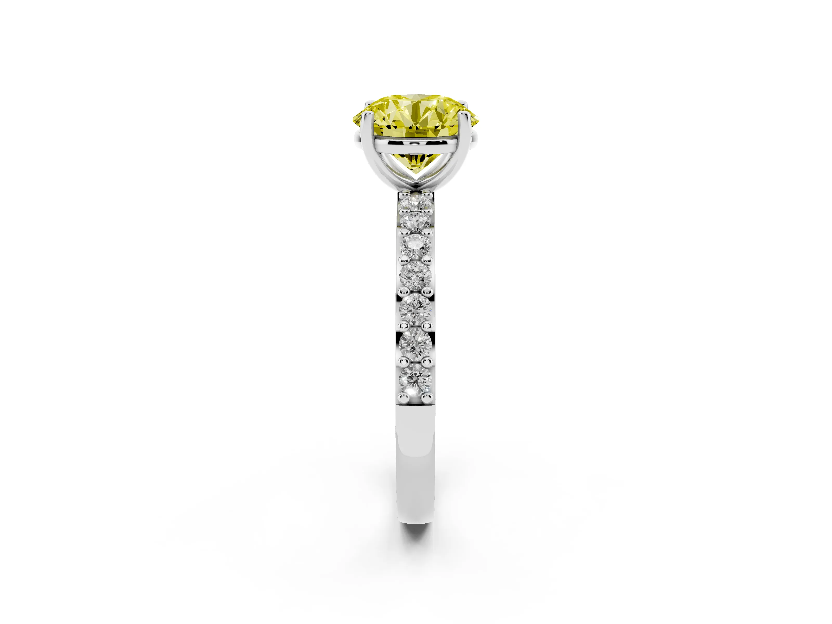 Fancy Yellow Round Cut Diamond Solitaire Set in Silver with Round Pavé Band and Prong Setting
