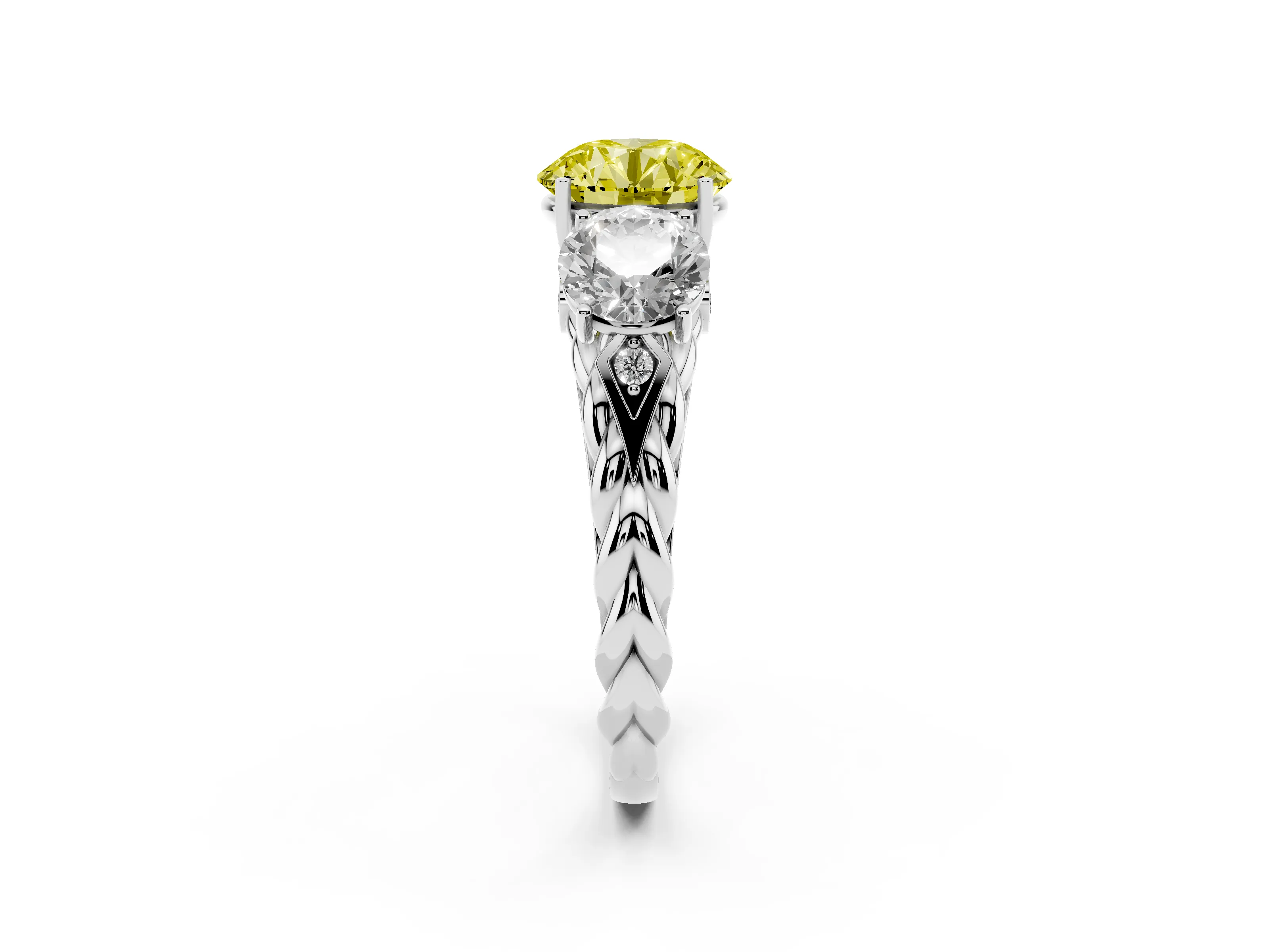 Fancy Yellow Round Cut Diamond Three-Stone Ring Set in Silver with Braided Band