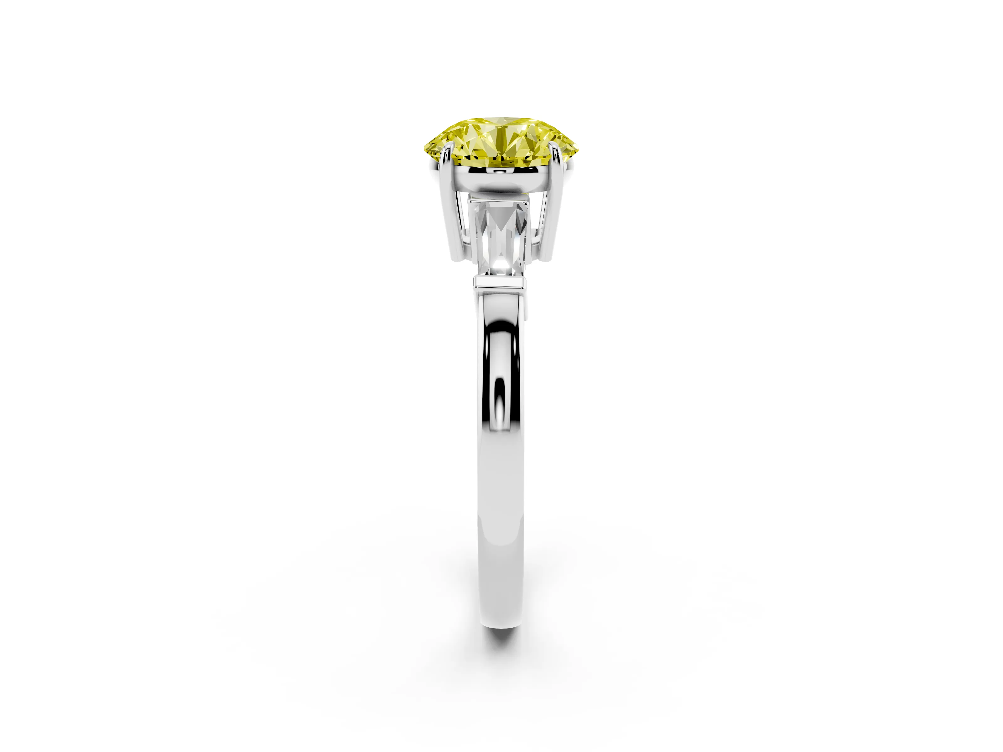 Fancy Yellow Round Cut Diamond Three-Stone Ring Set in White gold with Tapered Baguette Side Stones and Prong Setting