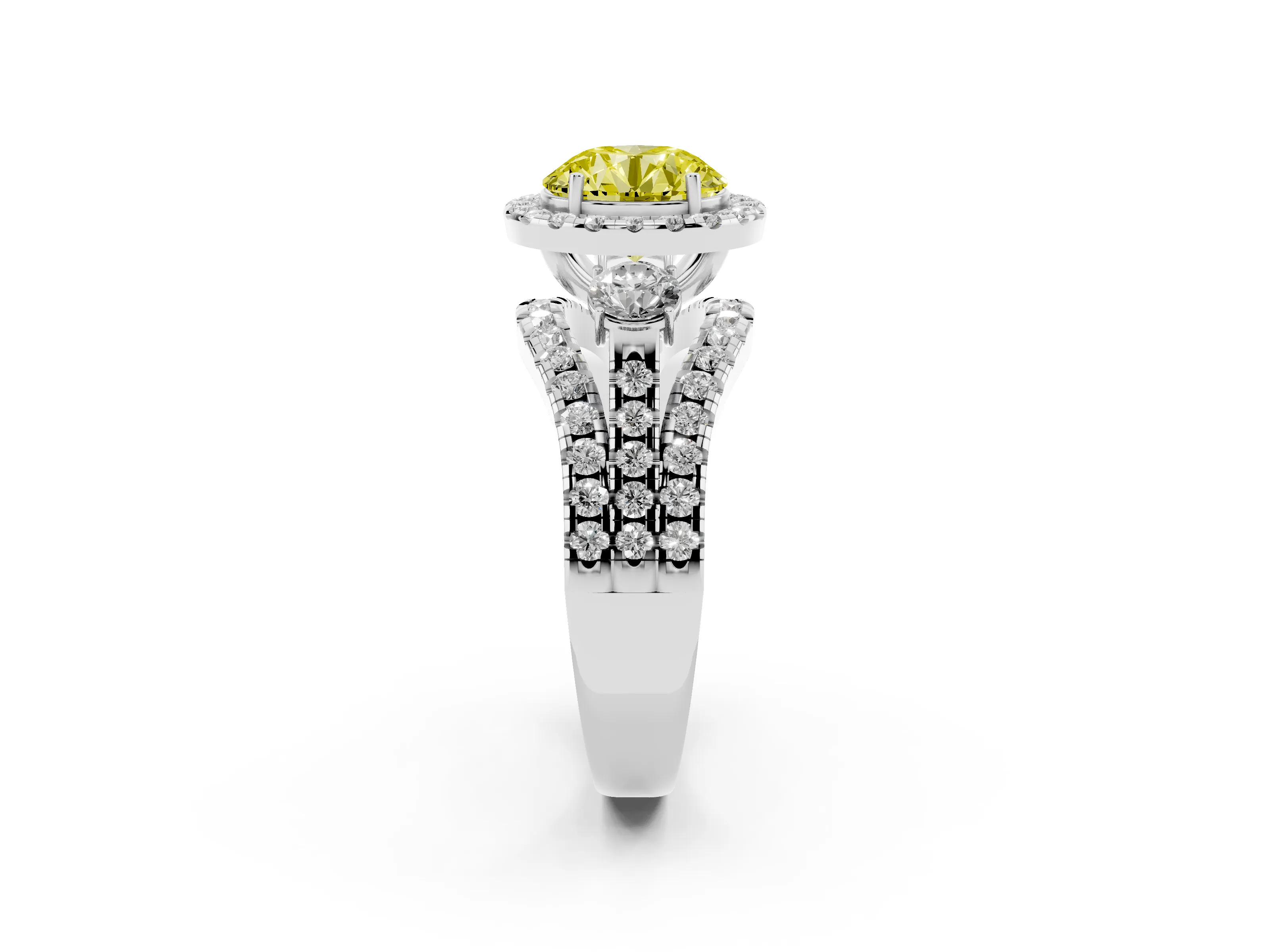 Fancy Yellow Round Cut Diamond Halo Split Shank Ring Set in White gold with Round Accent Stones and Prong Setting