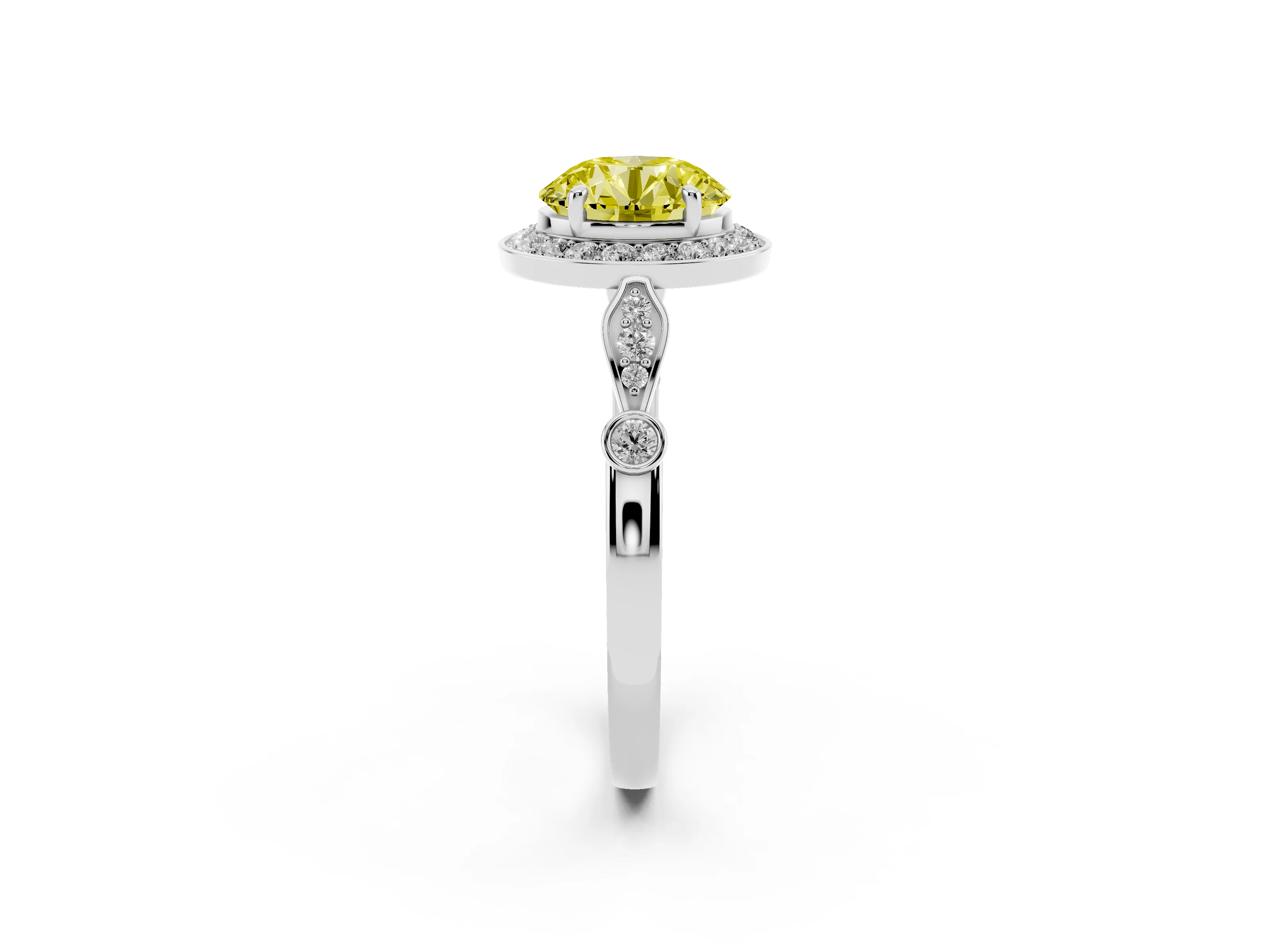 Fancy Yellow Round Cut Diamond Halo Engagement Ring Set in Platinum with Twisted Band and Prong Setting