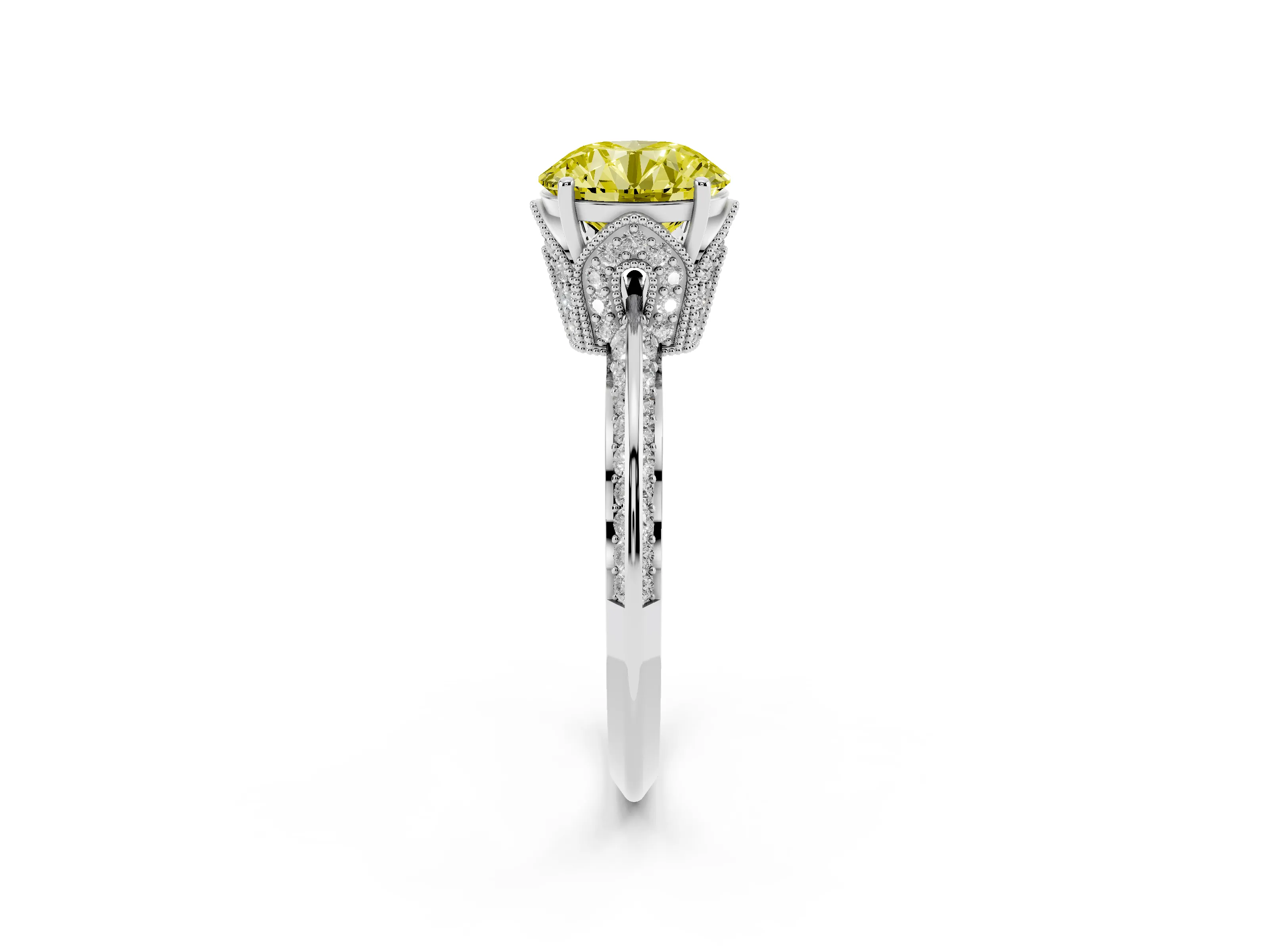 Fancy Yellow Round Cut Diamond Solitaire Engagement Ring Set in Silver with Pavé Split Shank and Prong Setting