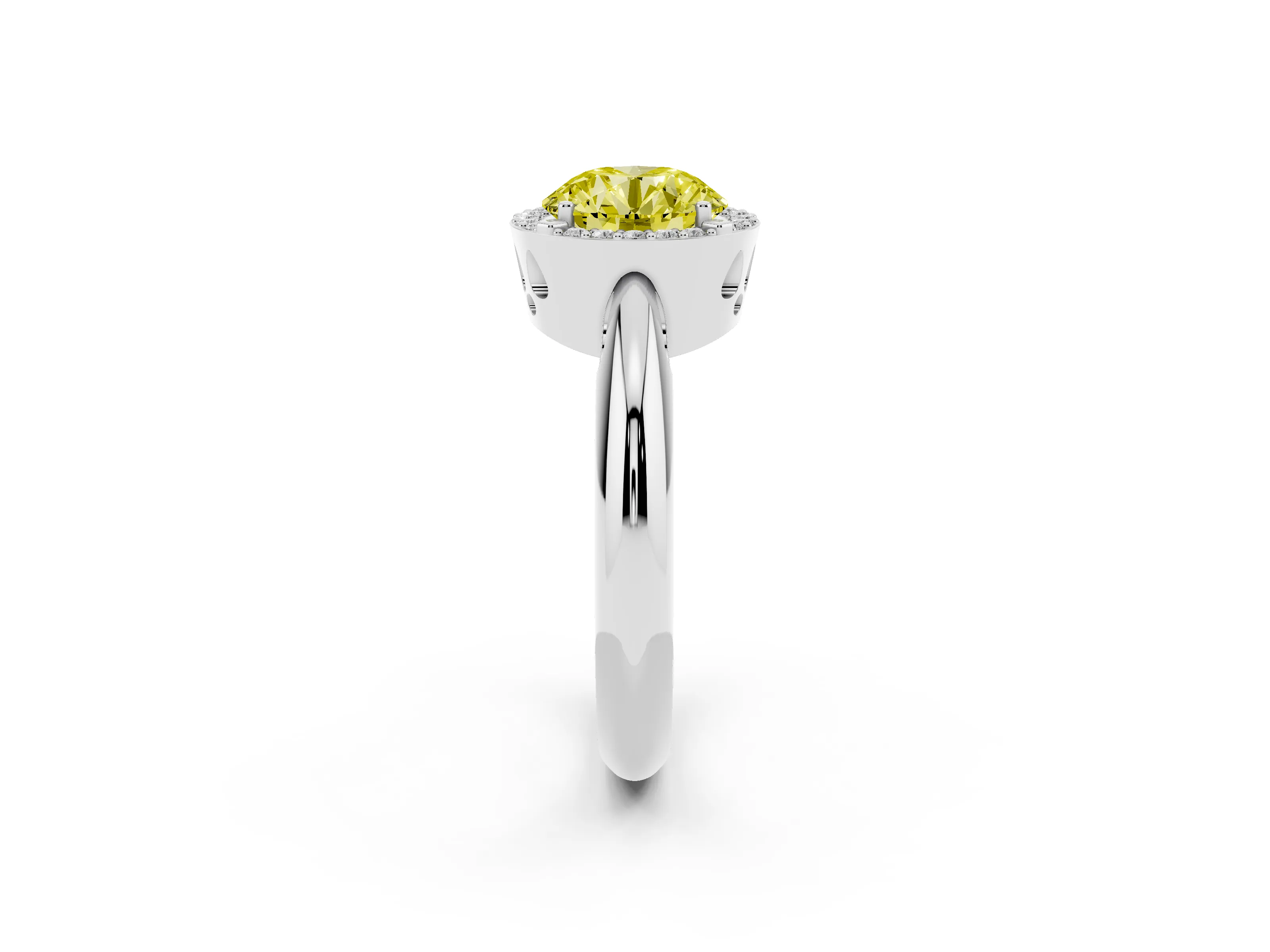 Fancy Yellow Round Cut Diamond Halo Engagement Ring Set in White gold with Plain Split Shank and Prong Setting